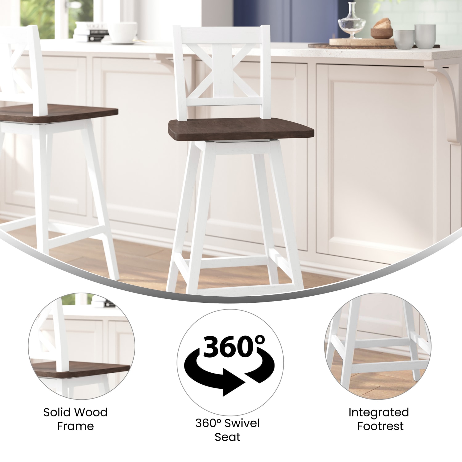 Flash Furniture Gwendolyn Commercial Grade Solid Wood Modern Farmhouse Swivel Bar Height Barstool, Antique White Wash Frame/Gray Wash Seat - Image 4
