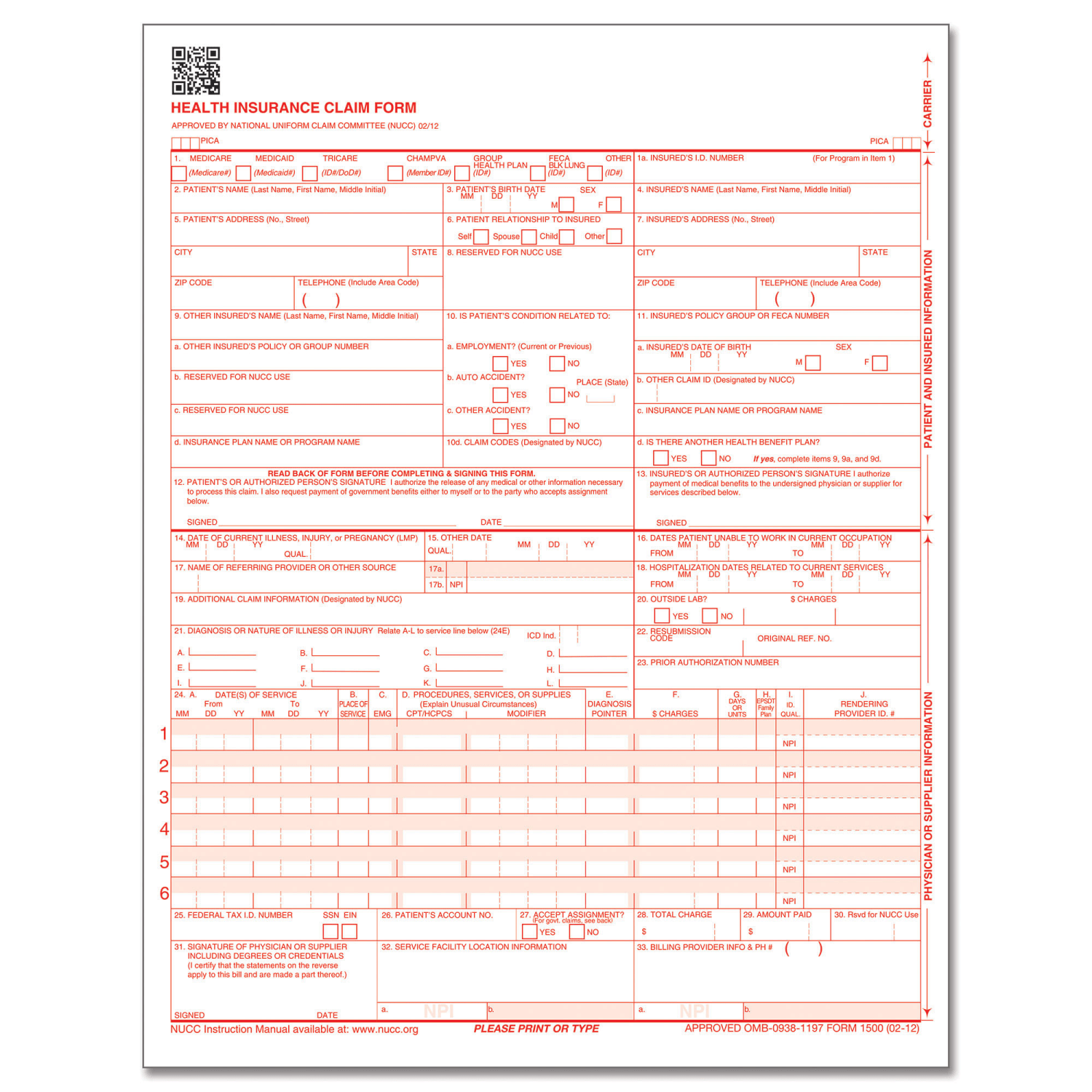 ComplyRight CMS-1500 Health Insurance Claim Form (02/12), Laser-Cut Sheet, 8 1/2in x 11in, White, Case of 500