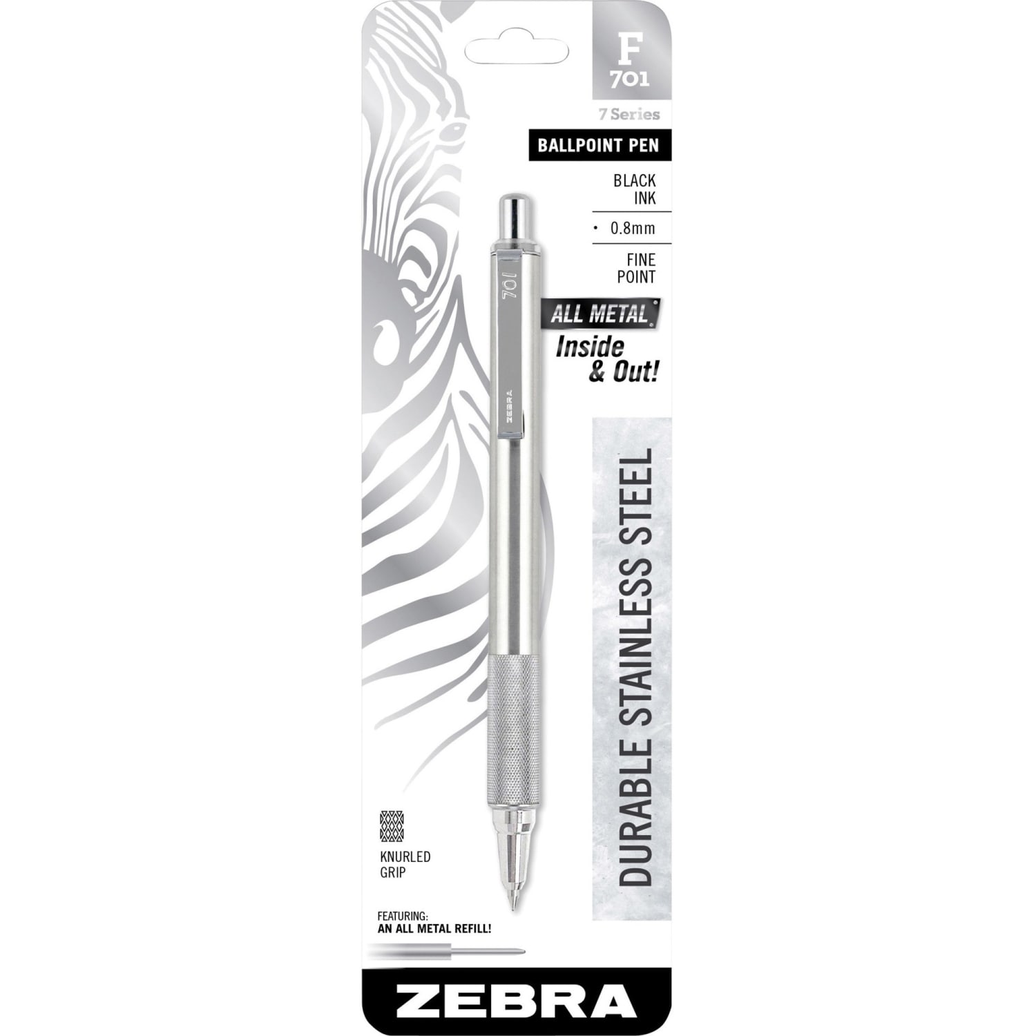 Zebra Pen F-701 Stainless Steel Retractable Ballpoint Pen, Fine Point, 0.7 mm, Silver Barrel, Black Ink - Image 3