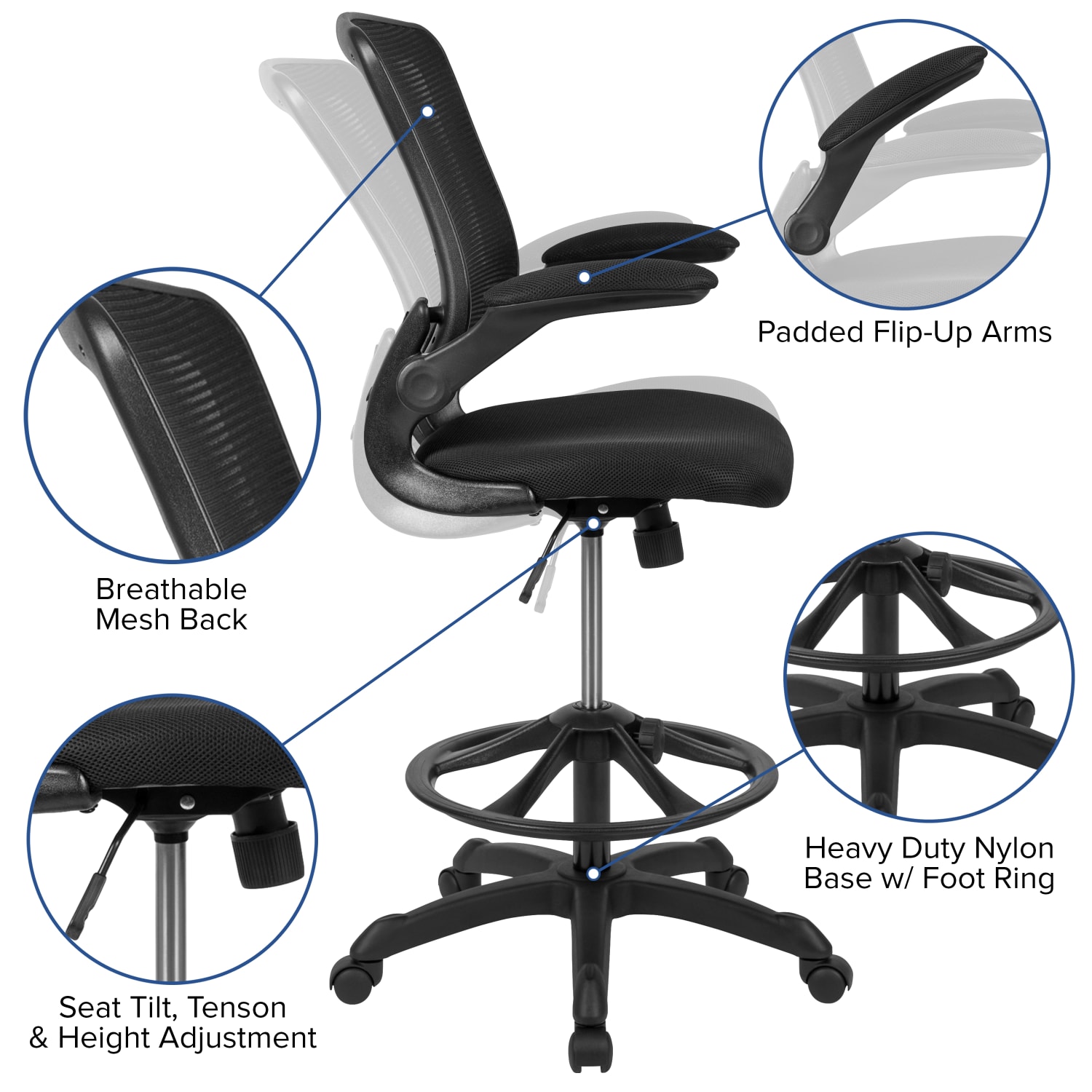Flash Furniture Mid Back Mesh Ergonomic Drafting Chair with Adjustable Foot Ring and Flip Up Arms Black PopularChairscom