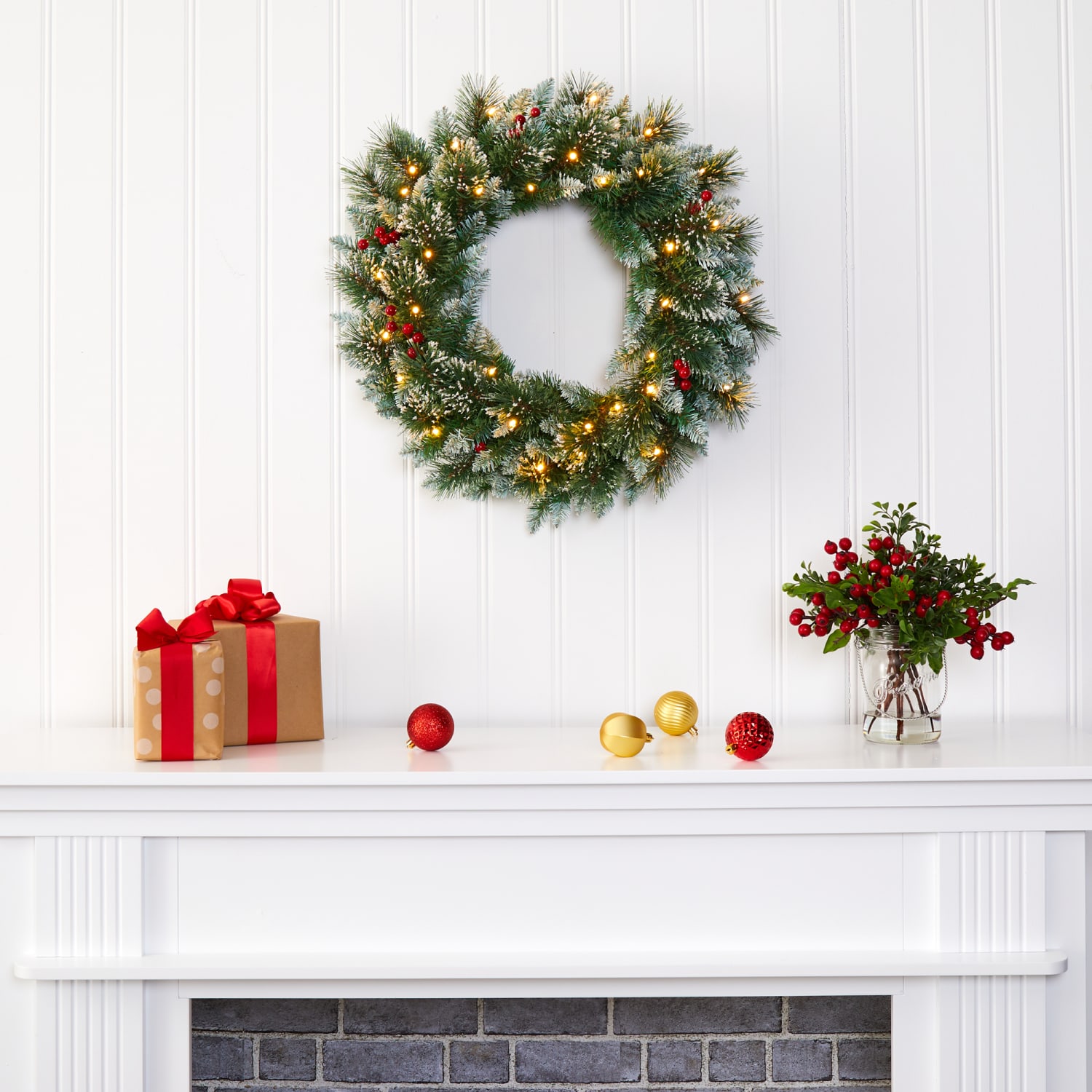Nearly Natural 24inH Frosted Swiss Pine Artificial Wreath With 35 LED Lights And Berries, 24in x 5in, Green - Image 6