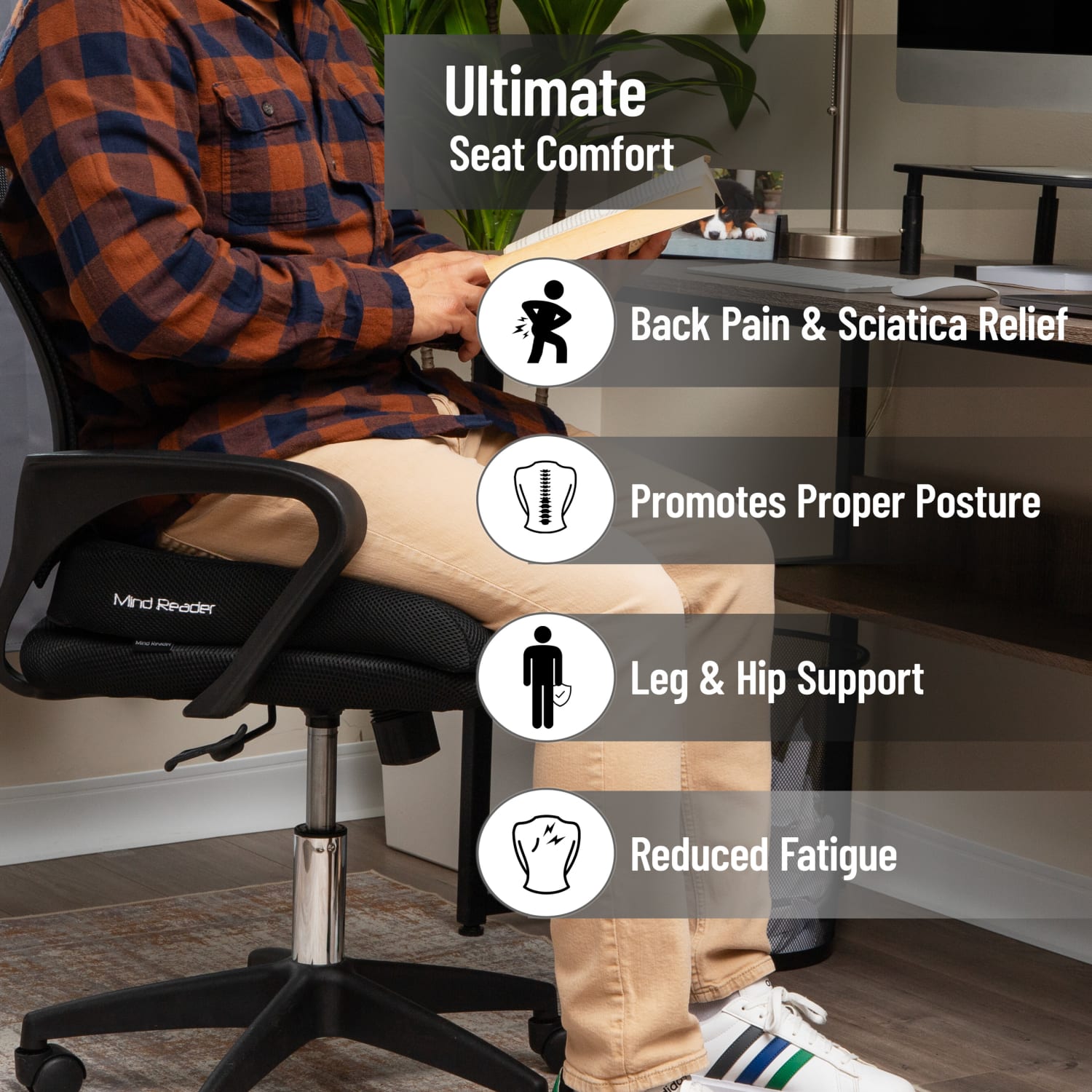 Mind Reader Ergonomic Seat Cushion Memory Foam 3inH x 17 12inW x 18inD Black PopularChairscom