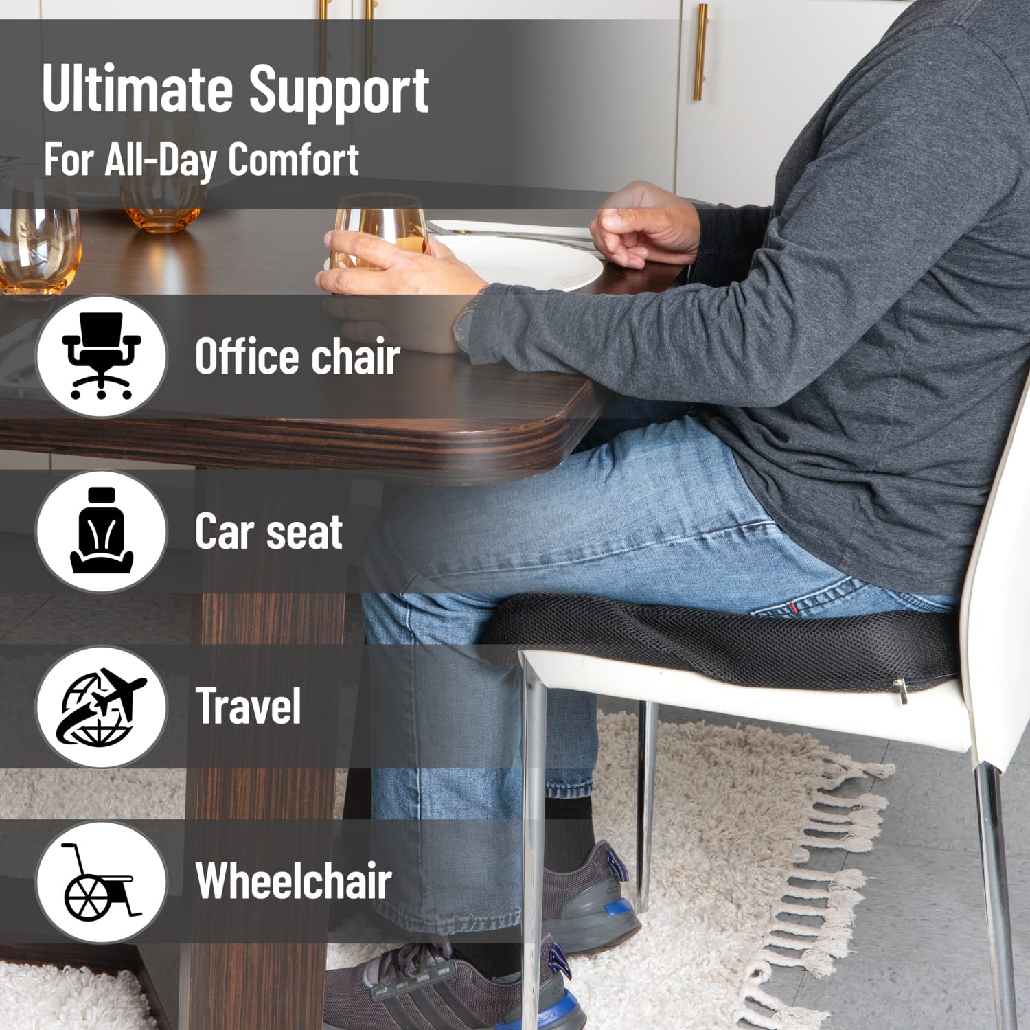 Mind Reader Ergonomic Seat Cushion, Memory Foam, 3inH x 17-1/2inW x 18inD, Black - Image 6