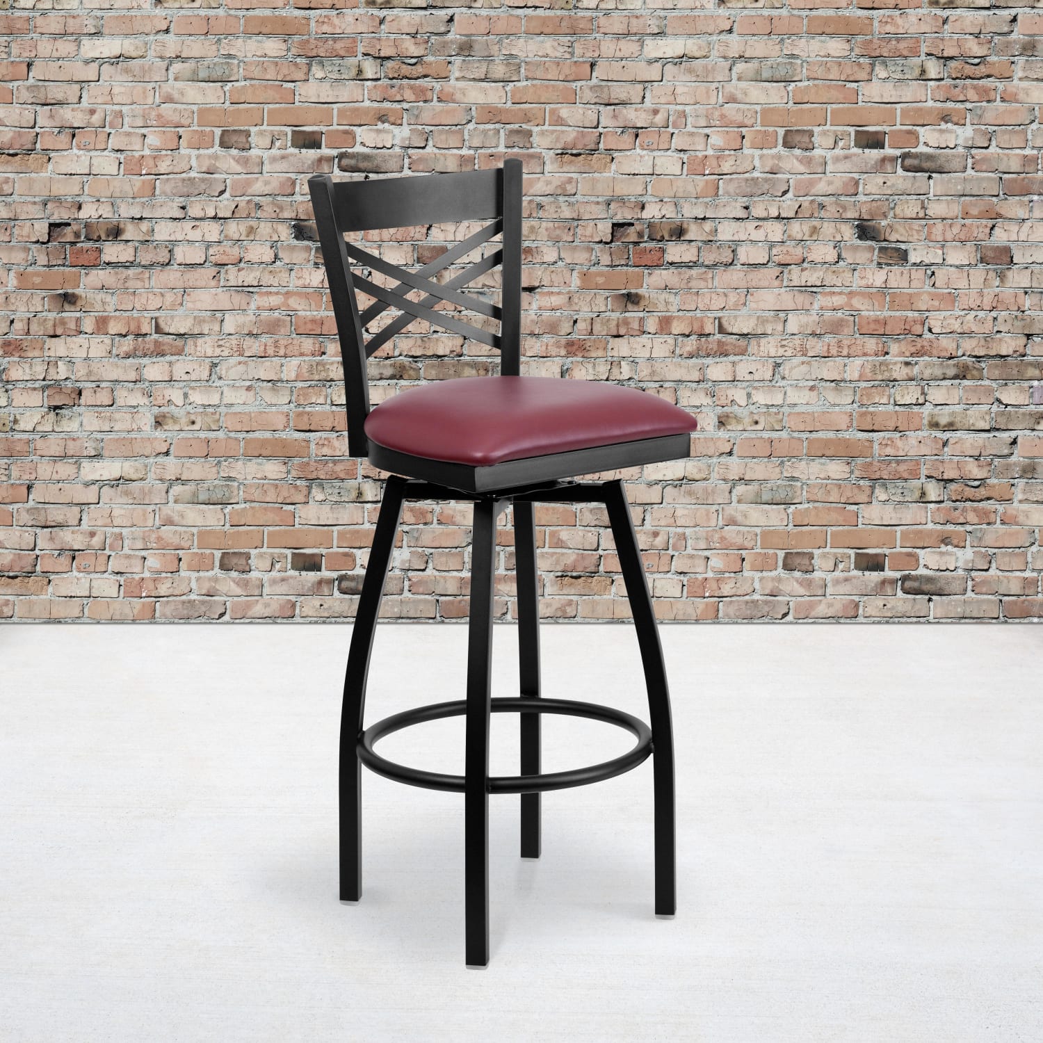 Flash Furniture Metal/Vinyl Swivel Barstool With X Back, Burgundy/Black