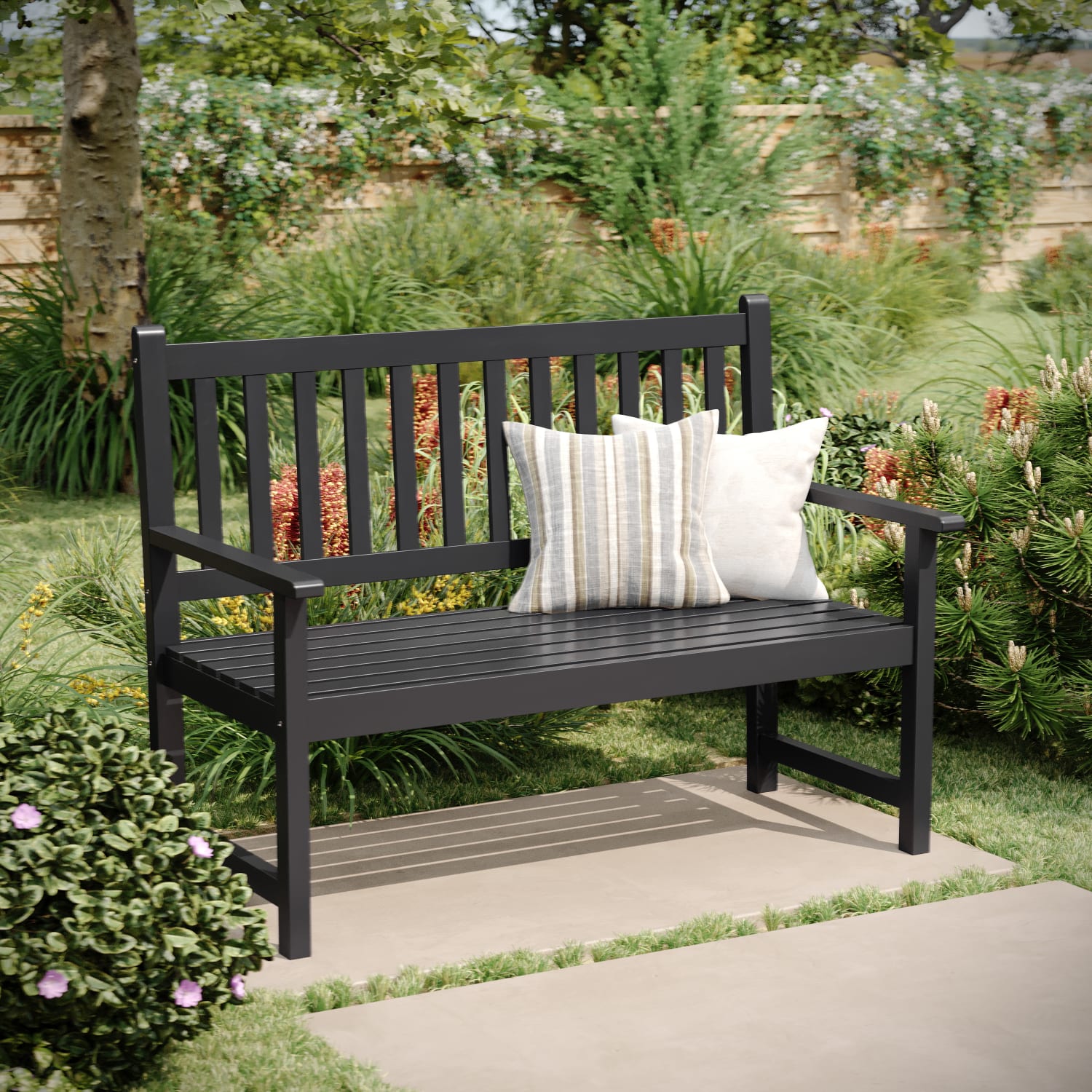 Flash Furniture Adele Commercial Grade Indoor/Outdoor Patio Acacia Wood Bench, 2-Person Slatted Seat Loveseat for Park, Garden, Yard, Porch, Black - Image 3
