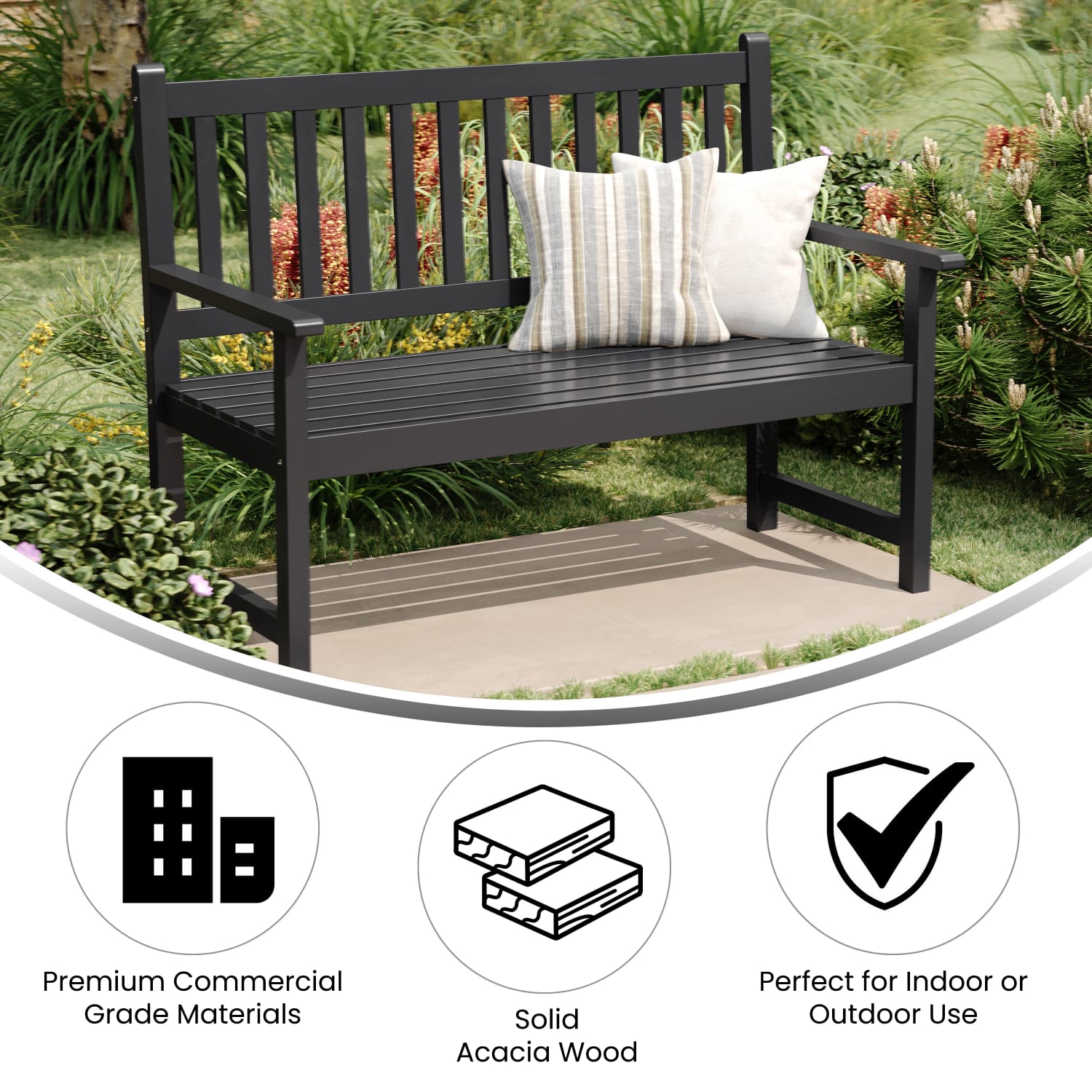 Flash Furniture Adele Commercial Grade Indoor/Outdoor Patio Acacia Wood Bench, 2-Person Slatted Seat Loveseat for Park, Garden, Yard, Porch, Black - Image 4