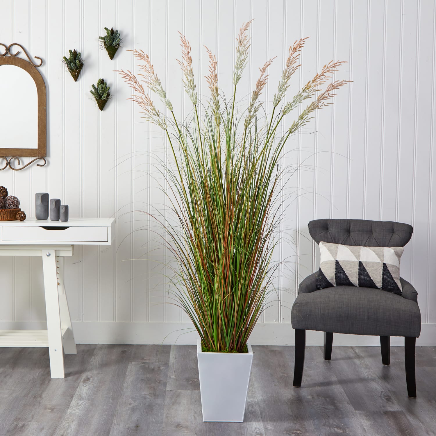 Nearly Natural Grass 74inH Artificial Plant With Metal Planter, 74inH x 25inW x 25inD, Green/White - Image 4