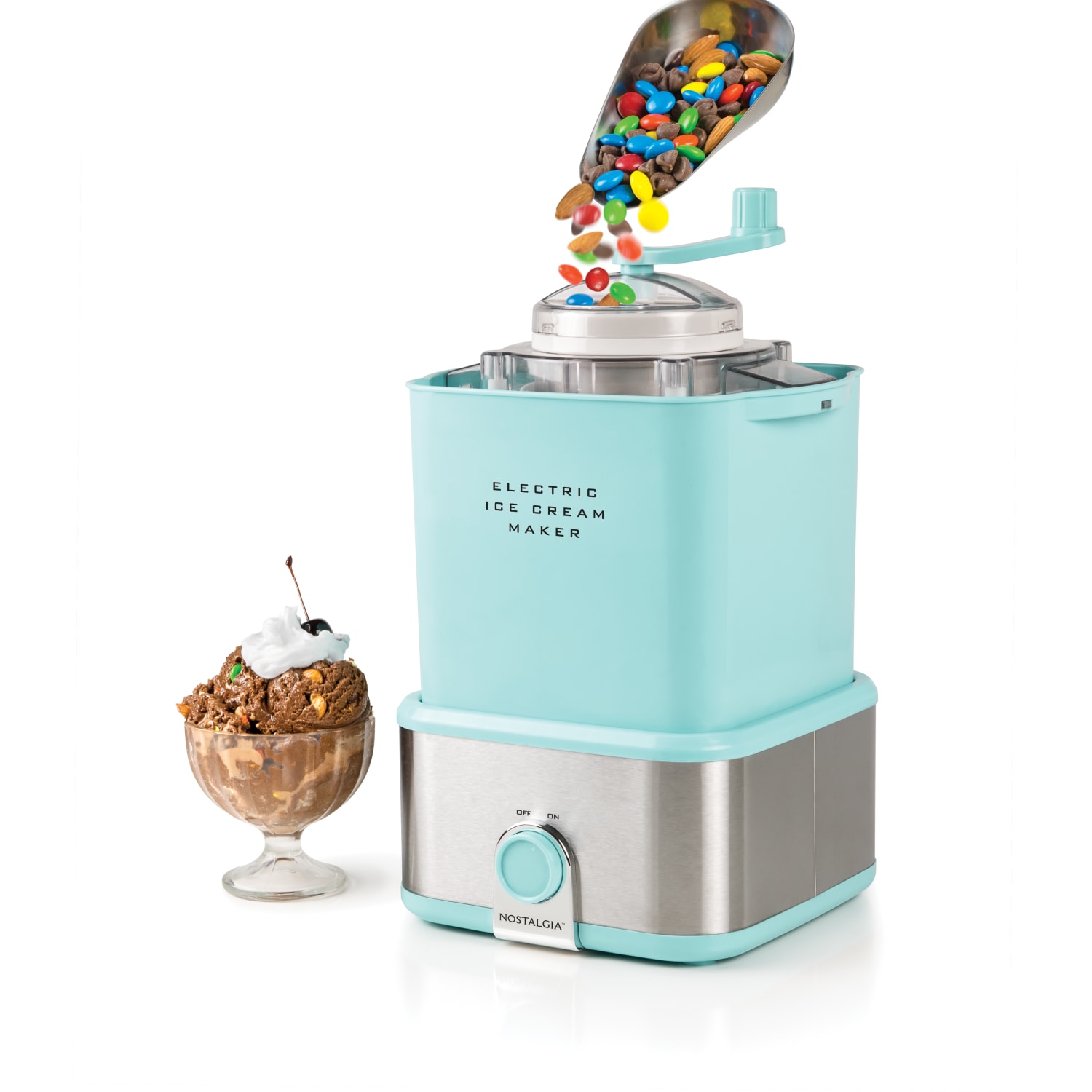 Nostalgia Electrics 2-Qt Electric Ice Cream Maker With Candy Crusher, Aqua/Stainless Steel - Image 3