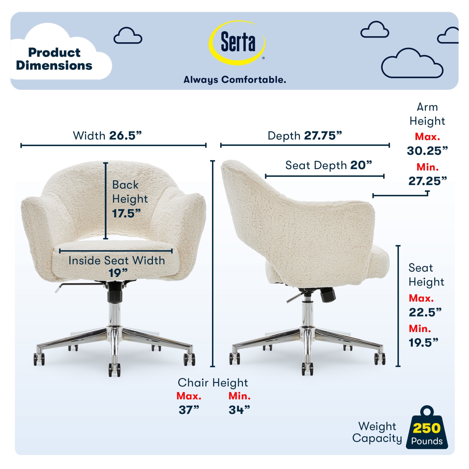 Serta Valetta Fabric Mid-Back Home Office Chair, Cream - Image 3