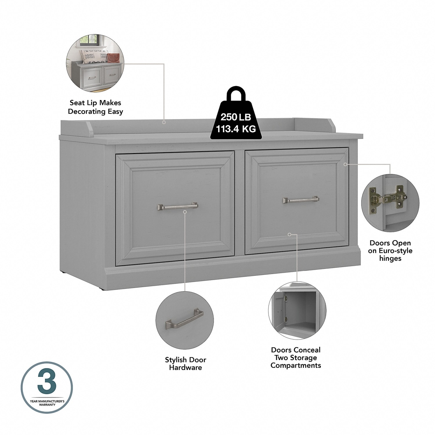 Bush Furniture Woodland 40inW Shoe Storage Bench With Doors, Cape Cod Gray, Standard Delivery - Image 4