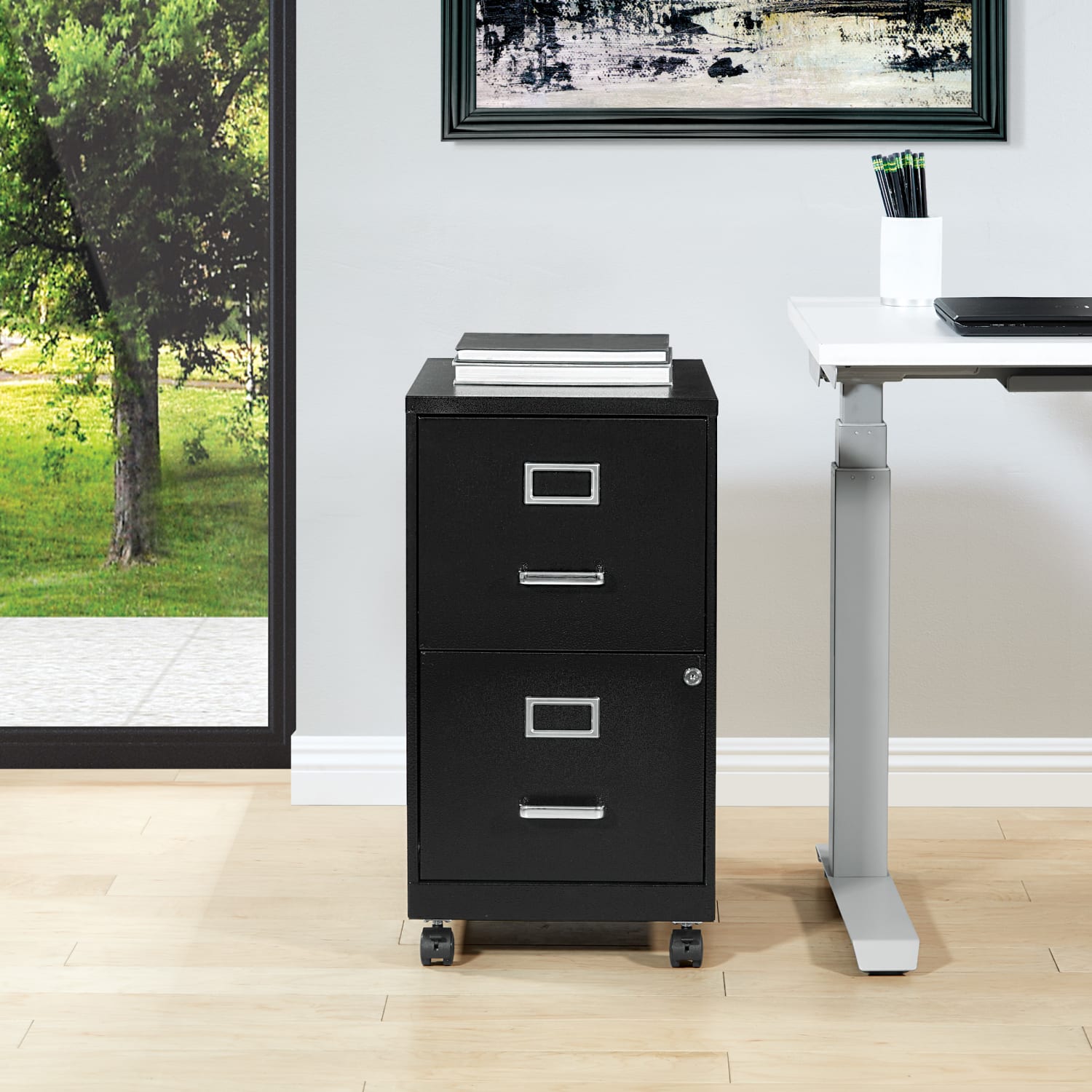 Office Star 20inD Vertical 2-Drawer Mobile Locking File Cabinet, Black - Image 4