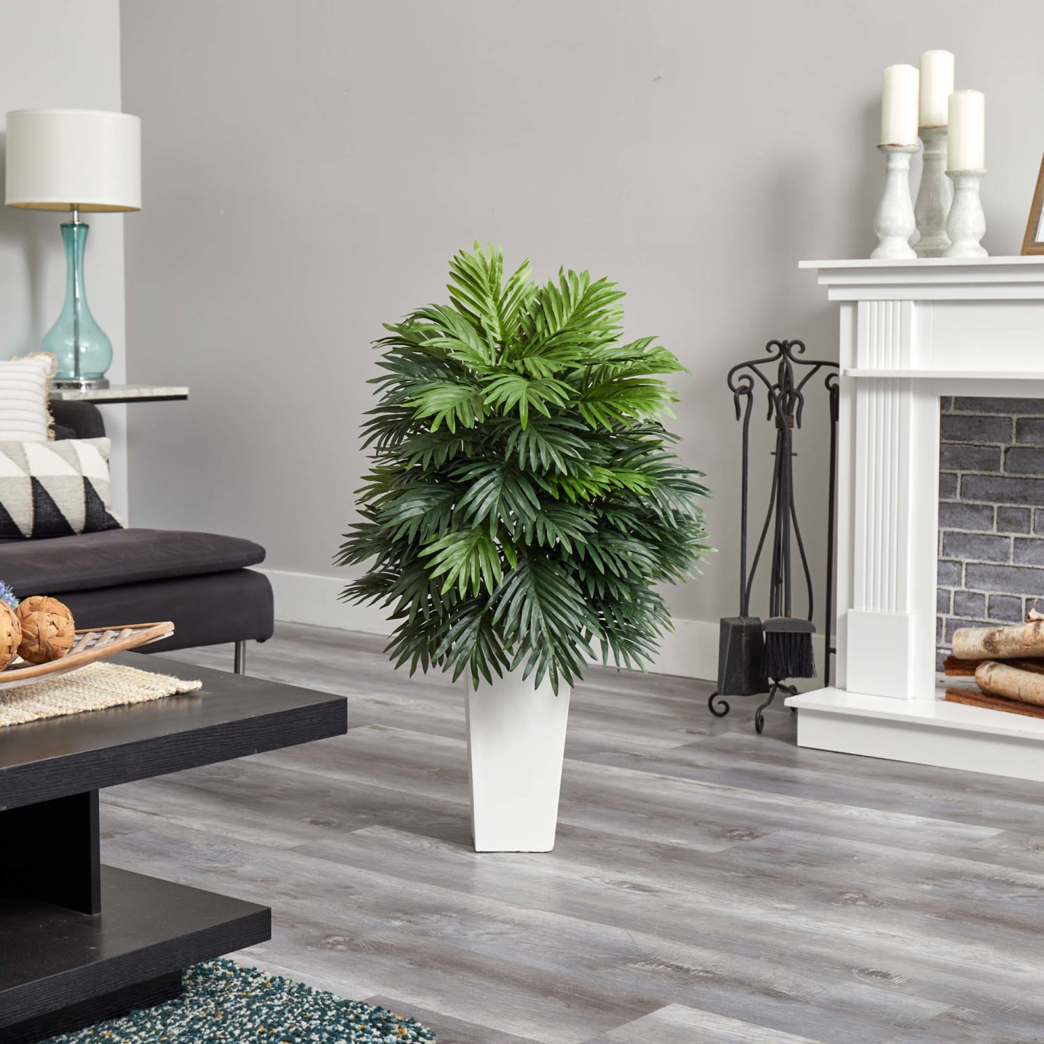 Nearly Natural Areca Palm 40in Artificial Plant With Tower Planter, Green/White - Image 3
