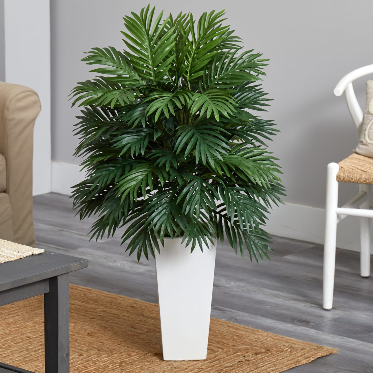 Nearly Natural Areca Palm 40in Artificial Plant With Tower Planter, Green/White - Image 5
