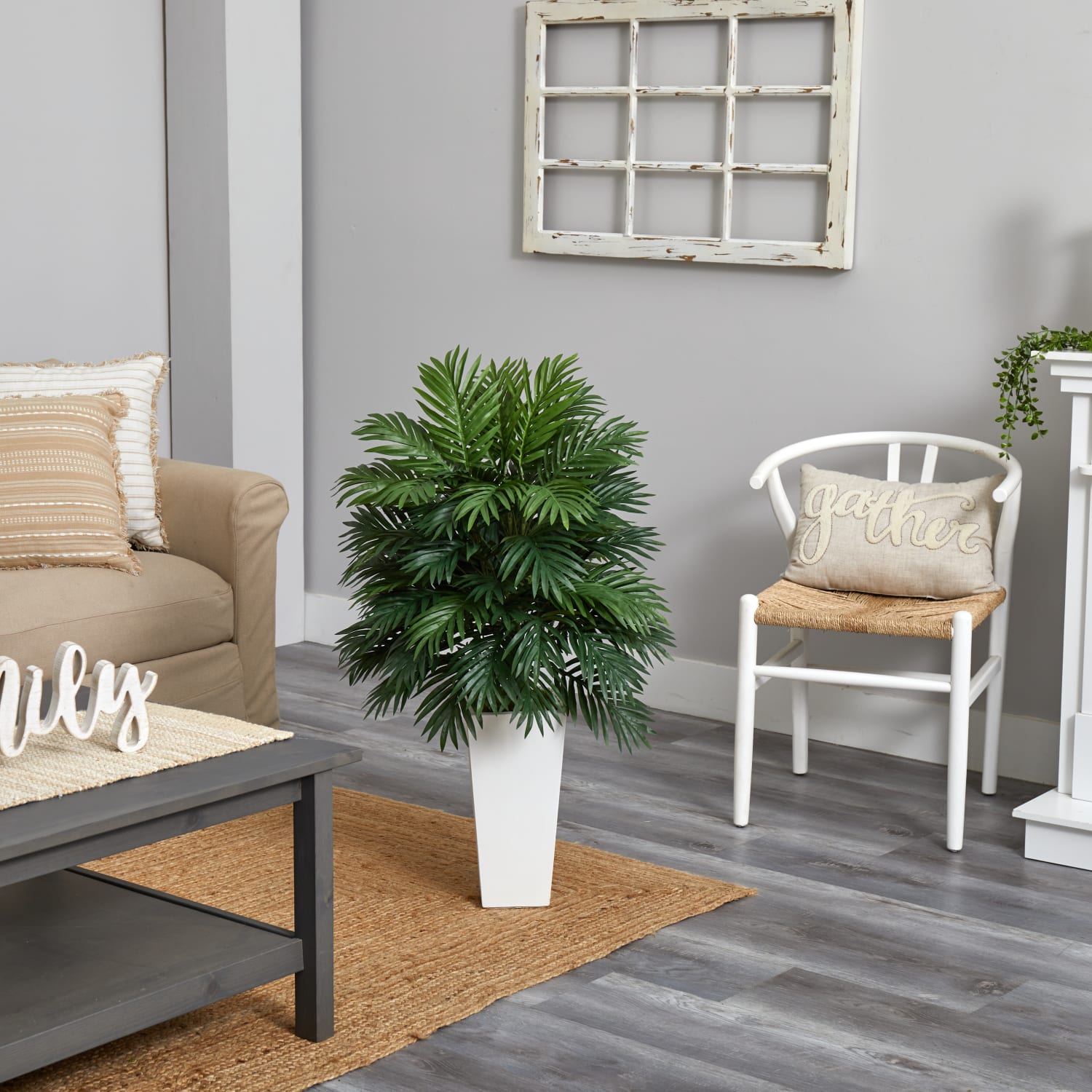 Nearly Natural Areca Palm 40in Artificial Plant With Tower Planter, Green/White - Image 6