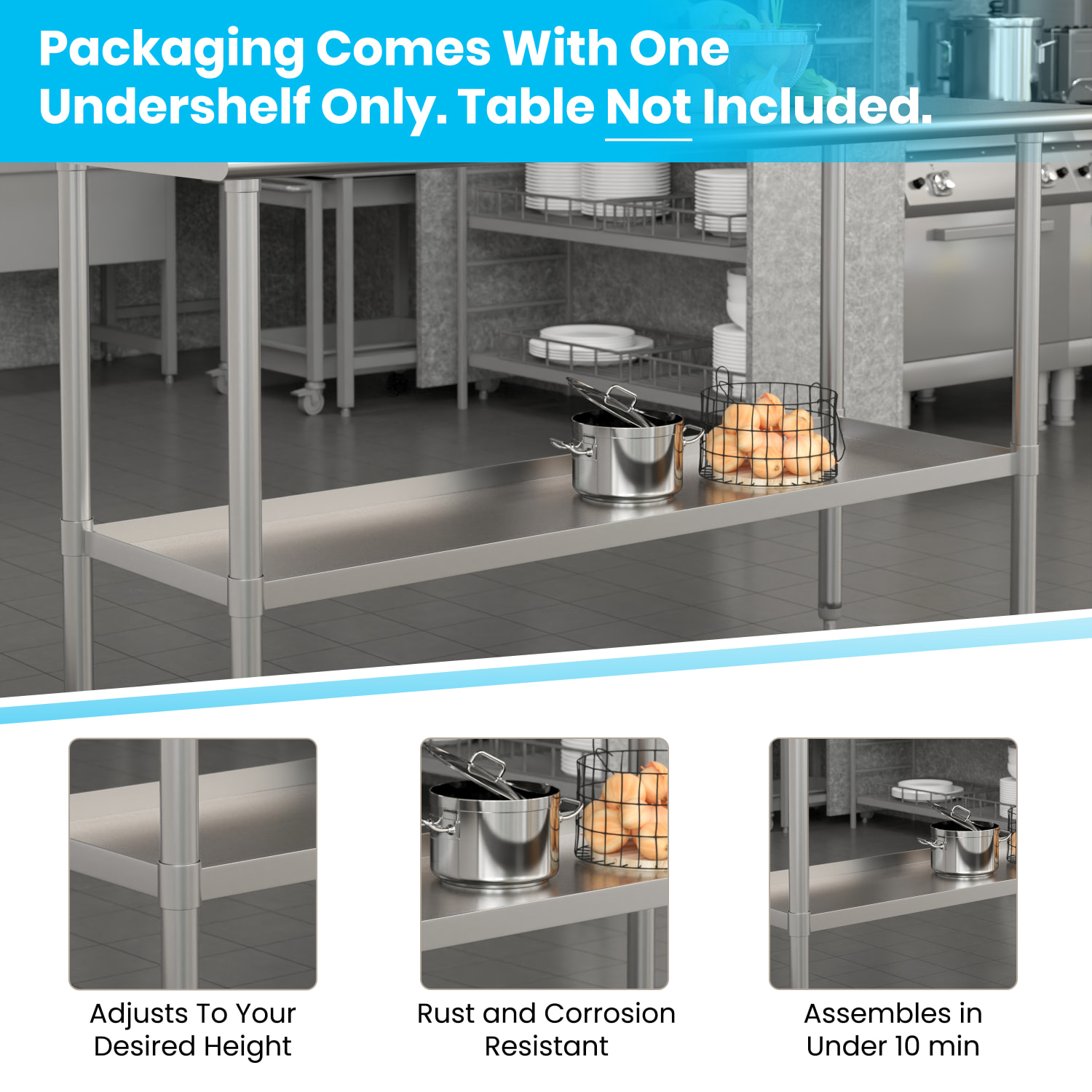 Flash Furniture Galvanized Adjustable Under Shelf For Prep And Work Tables, 2inH x 55-1/4inW x 18inD, Silver - Image 5