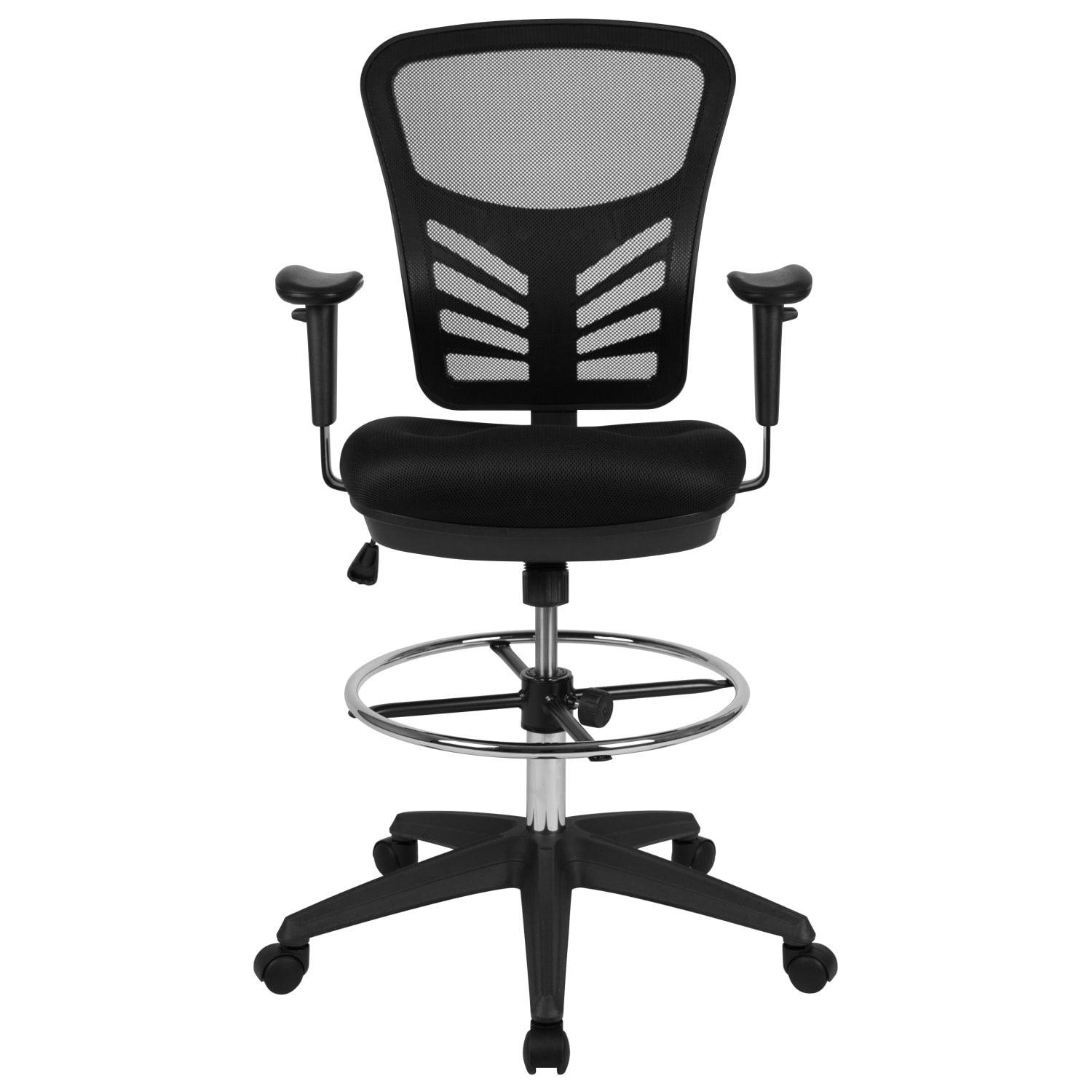 Flash Furniture Mid Back Mesh Ergonomic Drafting Chair with Adjustable Chrome Foot Ring Adjustable Arms Black PopularChairscom