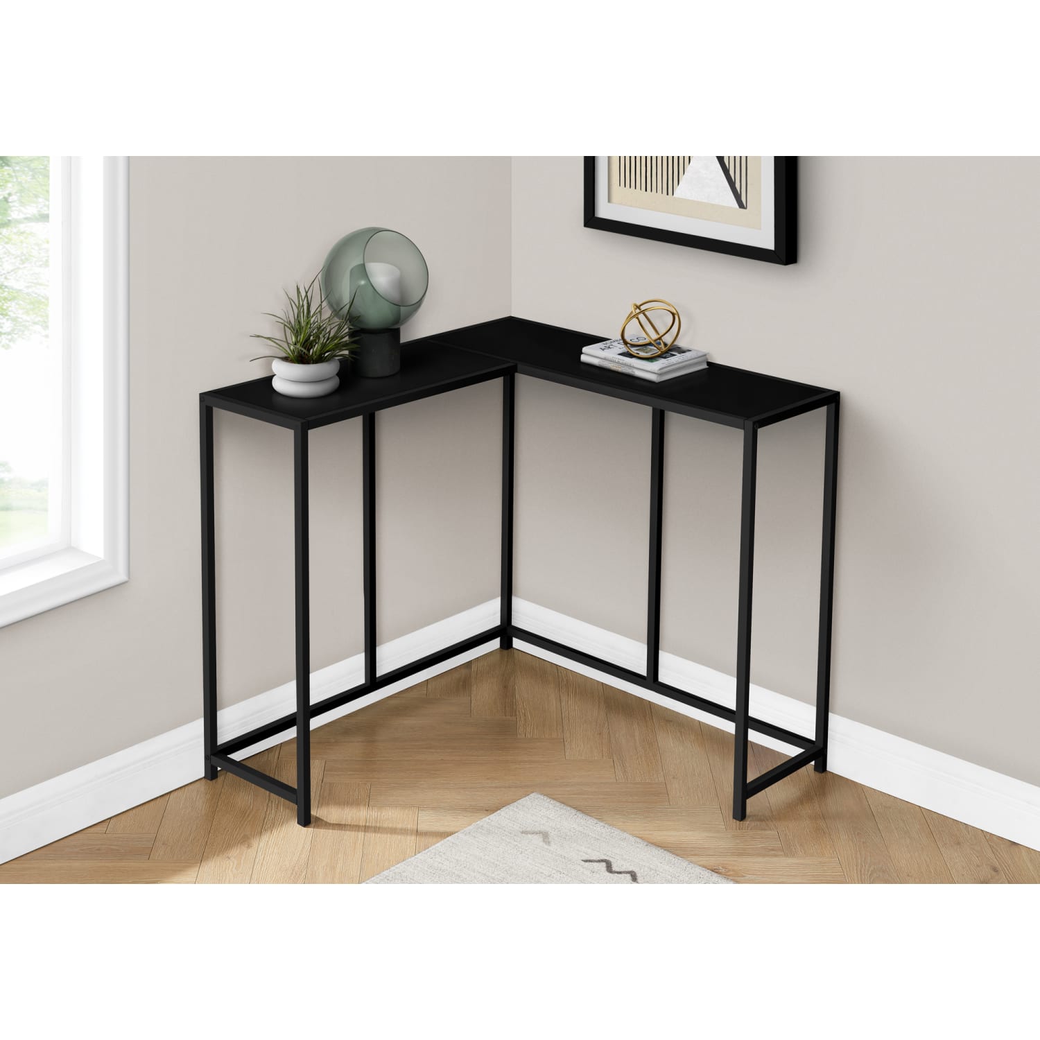 Monarch Specialties Jan L-Shaped Metal Console Table, 32inH x 36inW x 36inD, Black - Image 3