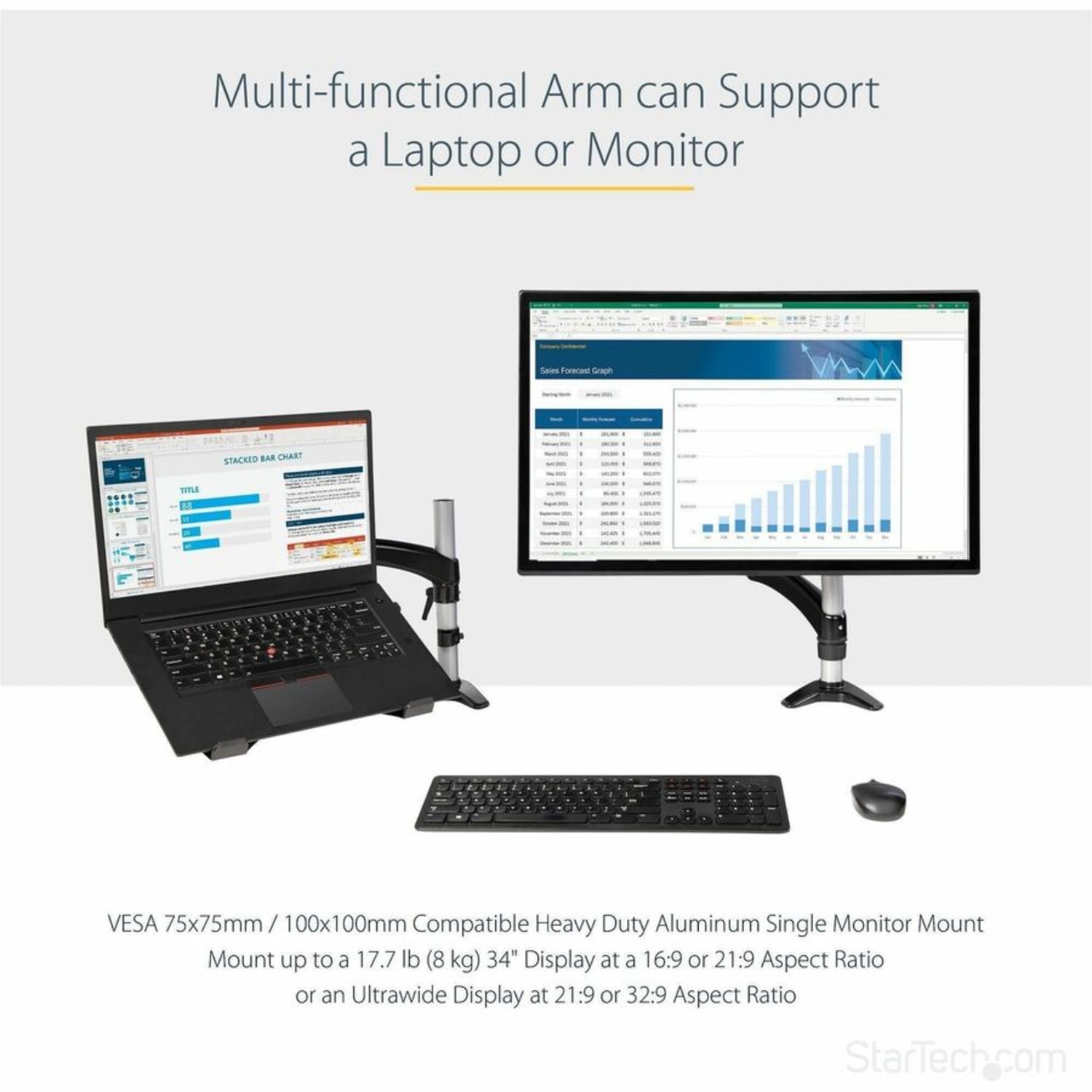 StarTech.com Desk Mount Laptop Arm, Full Motion Articulating Arm/Stand for Laptop or 34in (17.6lb/8kg) Monitor, VESA Mount Laptop Tray - Desk mount laptop arm/stand with tray - Or 34 inch monitor VESA mount (16:9/21:9) max 17.7lb - Image 5