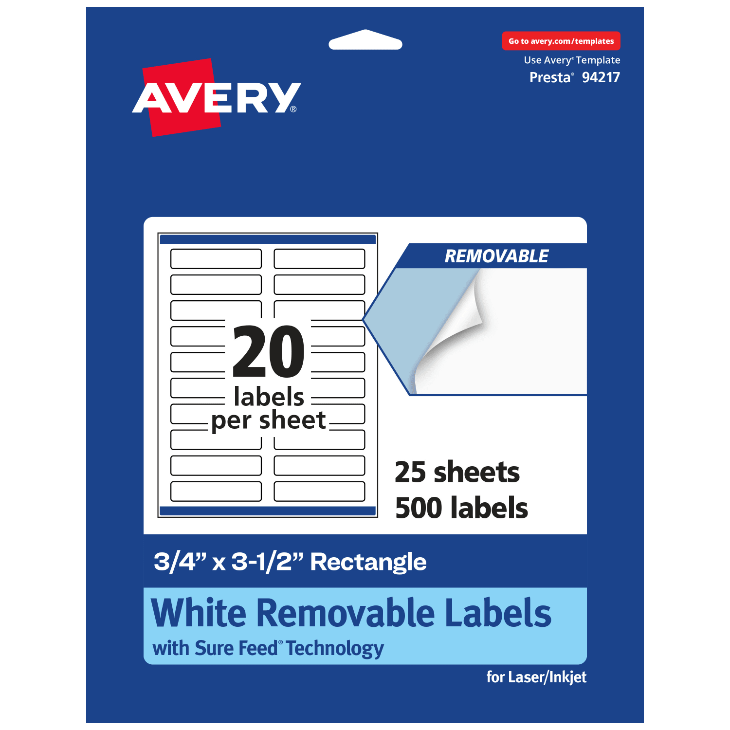 Avery Removable Labels With Sure Feed, 94217-RMP25, Rectangle, 3/4in x 3-1/2in, White, Pack Of 500 Labels