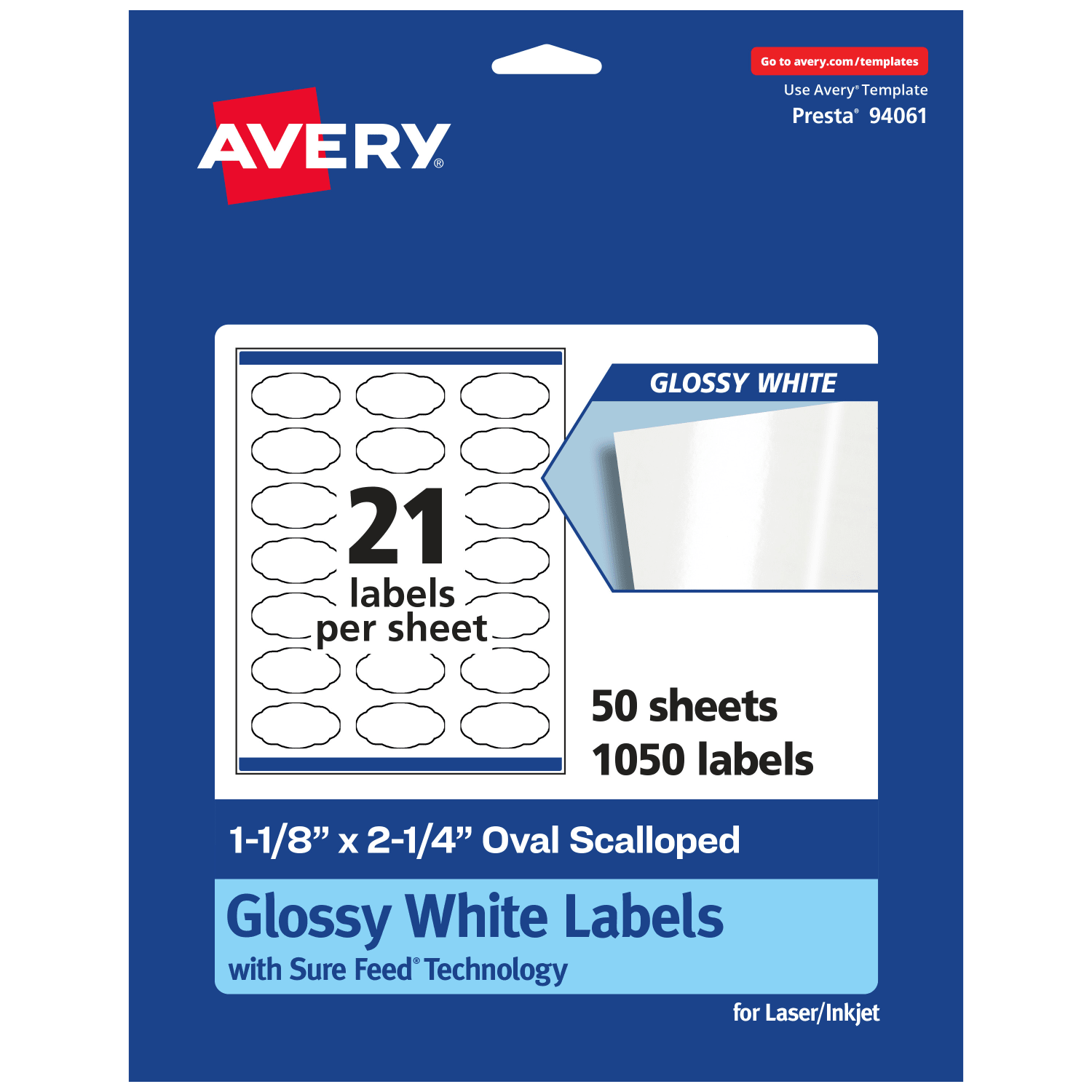 Avery Glossy Permanent Labels With Sure Feed, 94061-WGP50, Oval Scalloped, 1-1/8in x 2-1/4in, White, Pack Of 1,050