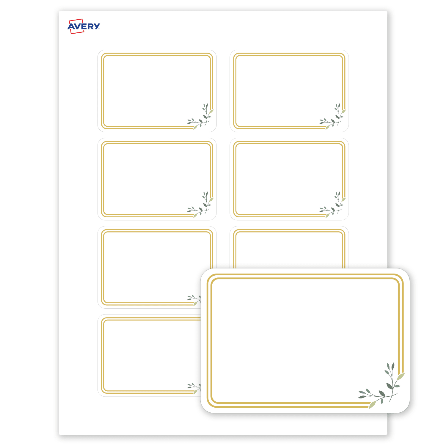 Avery Printable Adhesive Name Badges/Preprinted Designs, Rectangle, S00-EY8, 2-1/3in x 3-3/8in, Matte White/Double Gold Border/Florals, Pack Of 80 - Image 3