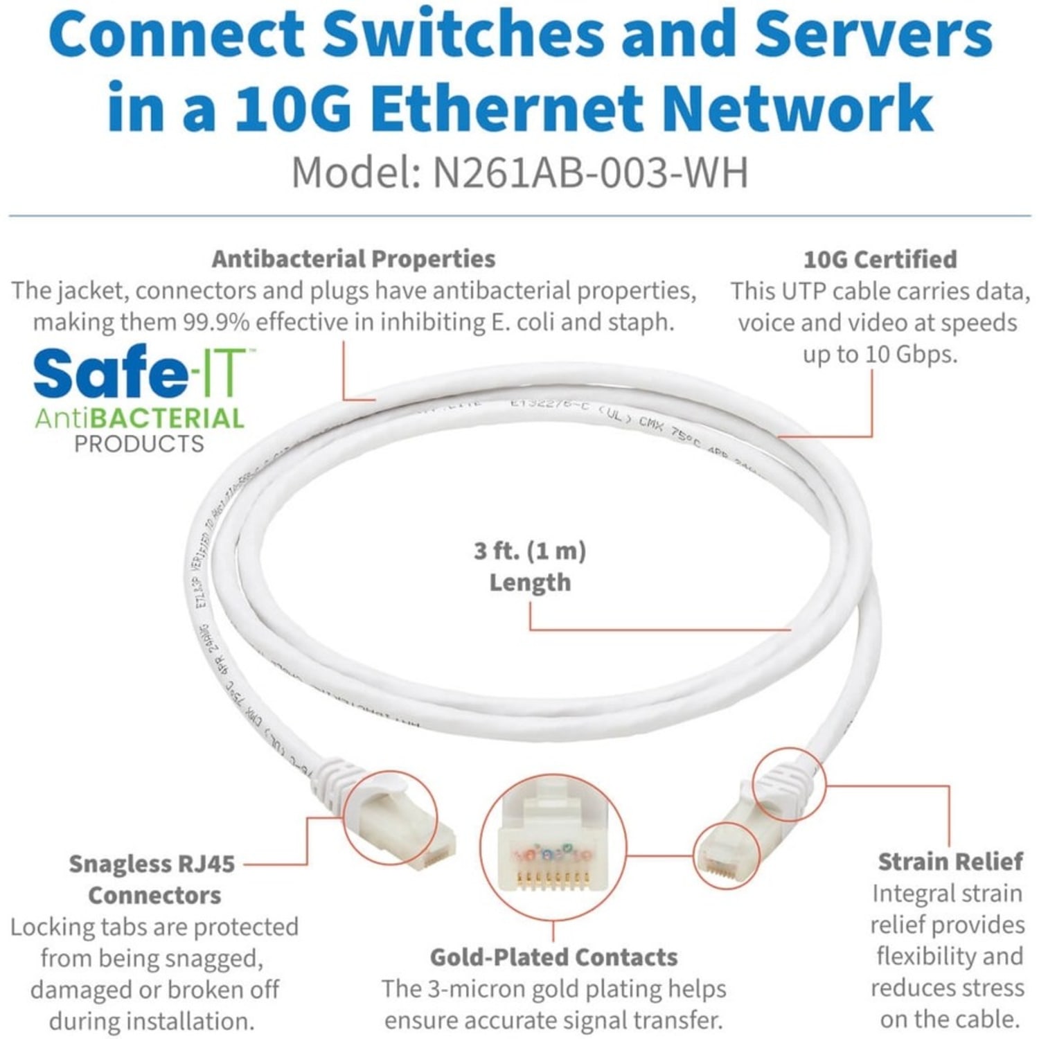 Tripp Lite Safe-IT Cat6a Ethernet Cable Antibacterial Snagless 10G M/M 3ft  - 10 Gbit/s - Gold Plated Contact - CMX - 24 AWG - White - Image 3