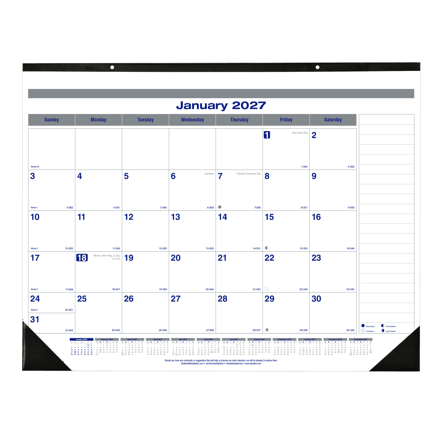 2027 Blueline Net Zero Carbon Monthly Desk Pad Calendar, 22in x 17in, 100% Recycled, Blue/White, January To December, C177847, Total Qty 1