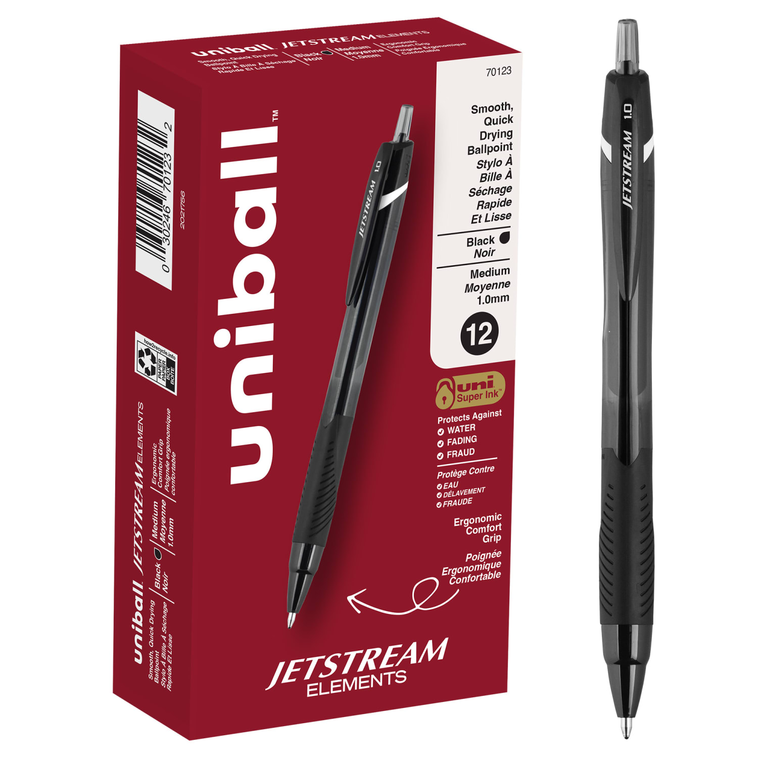 uni-ball Jetstream Elements Retractable Ballpoint Pens, Medium Point, 1.0 mm, Black Barrel, Black Ink, Pack Of 12 Pens