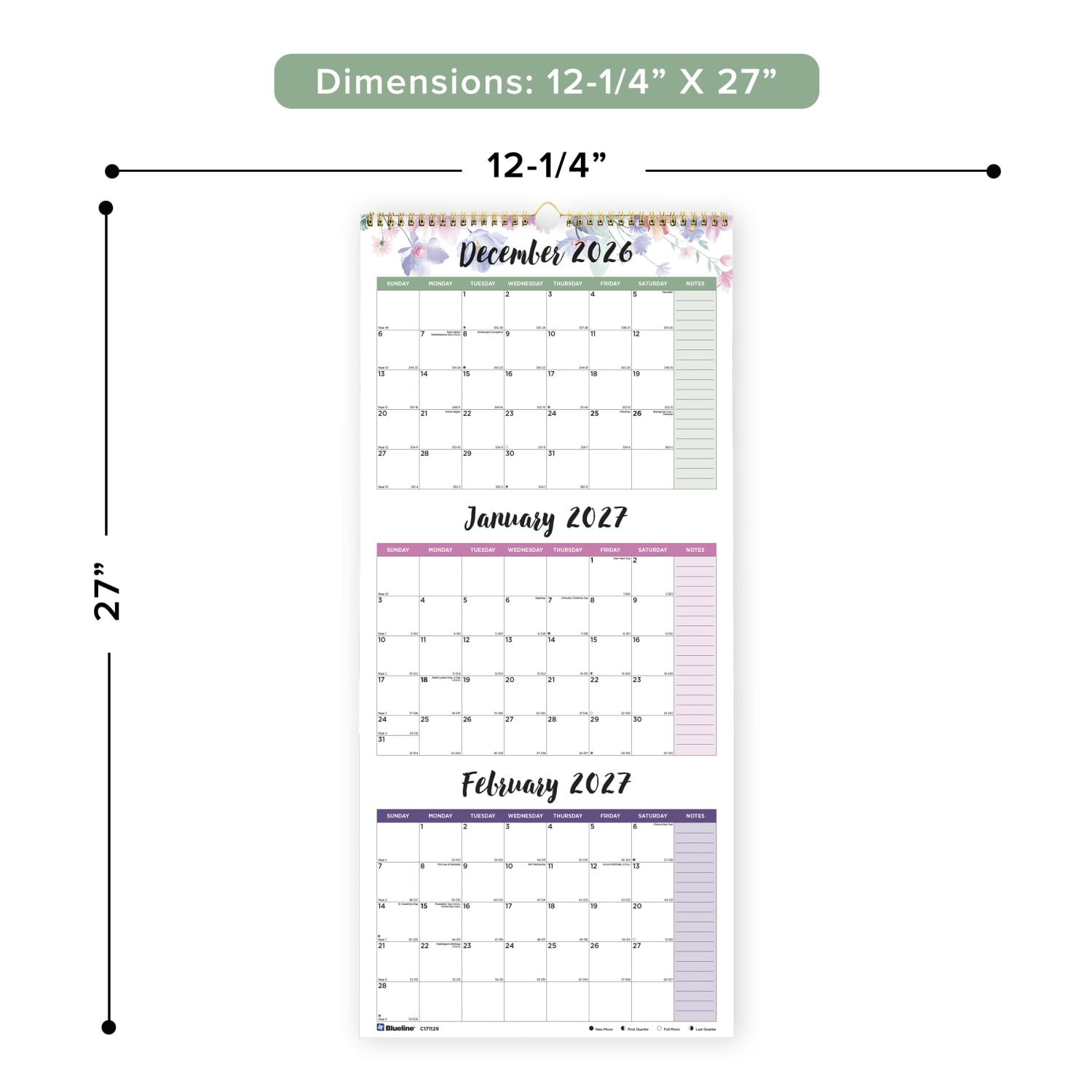 2026-2028 Blueline 3-Month Wall Calendar, 12-1/4in x 27in, Passion, December 2026 To January 2028, C171129, Total Qty 1 - Image 3
