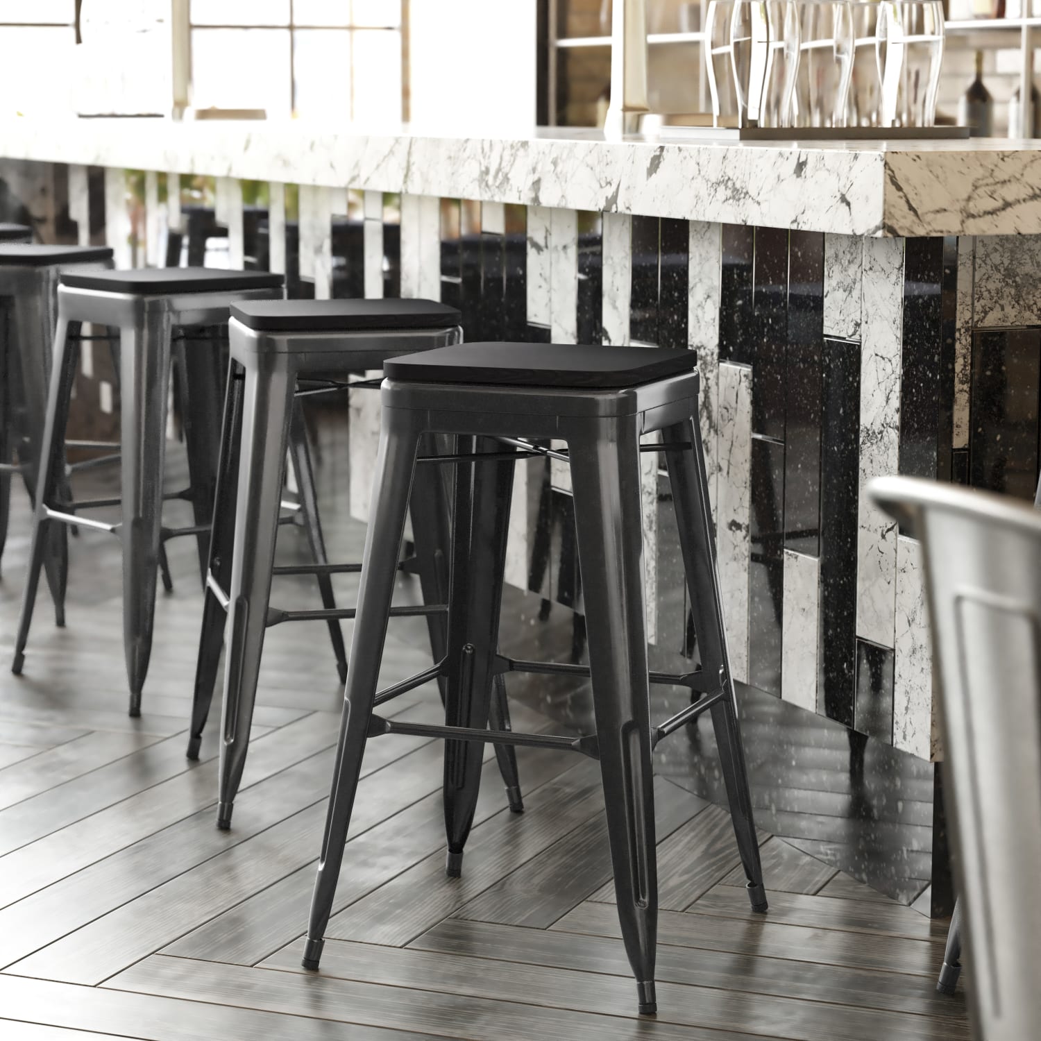 Flash Furniture Cierra Set of 4 Commercial Grade 30in High Backless Metal Indoor Bar H Stools, Black Resin Wood Seat/Black Frame - 4ET32030BKRPL2B