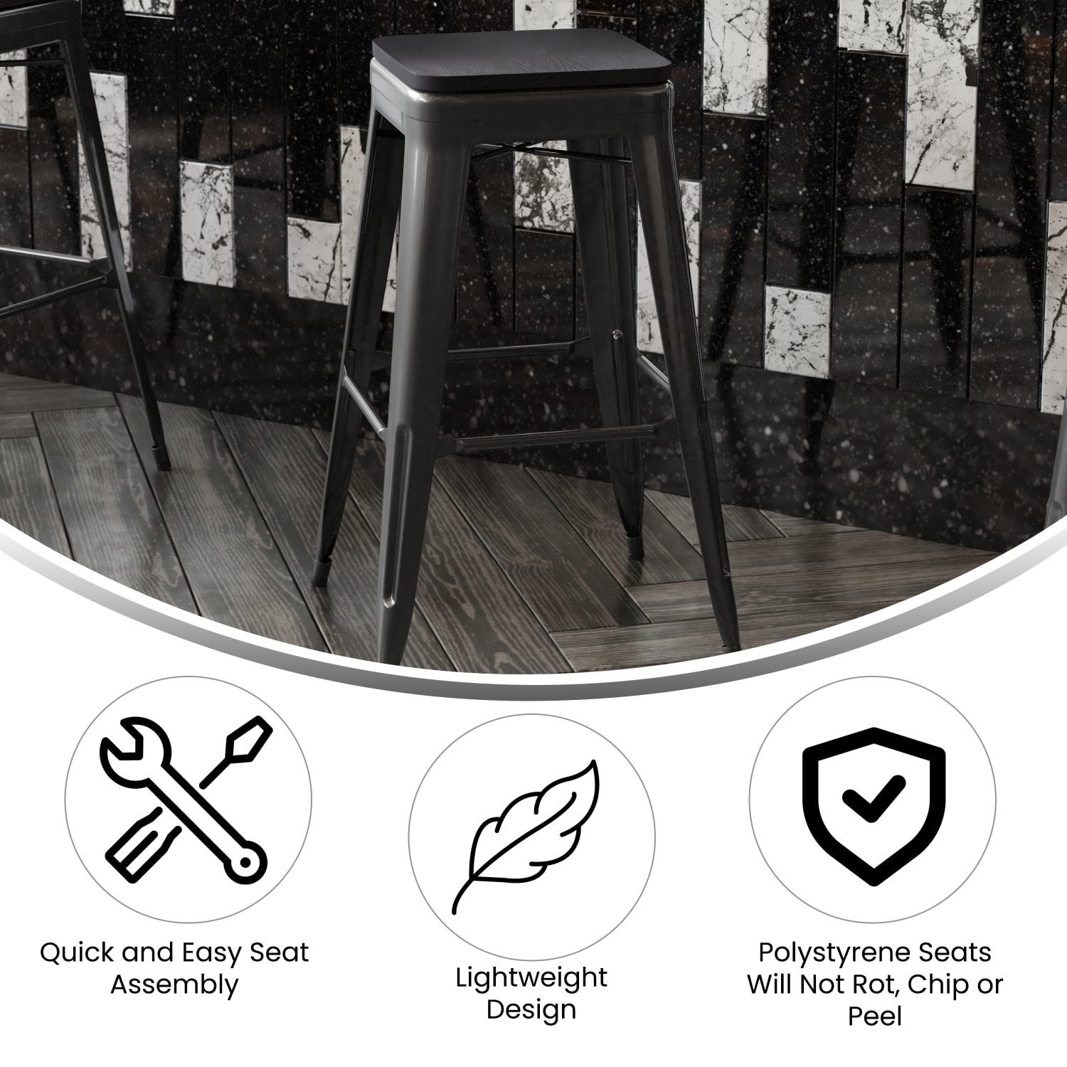 Flash Furniture Cierra Set of 4 Commercial Grade 30in High Backless Metal Indoor Bar Height Stools with All-Weather Poly Resin Seats, Black Resin Wood Seat/Black Frame - Image 4