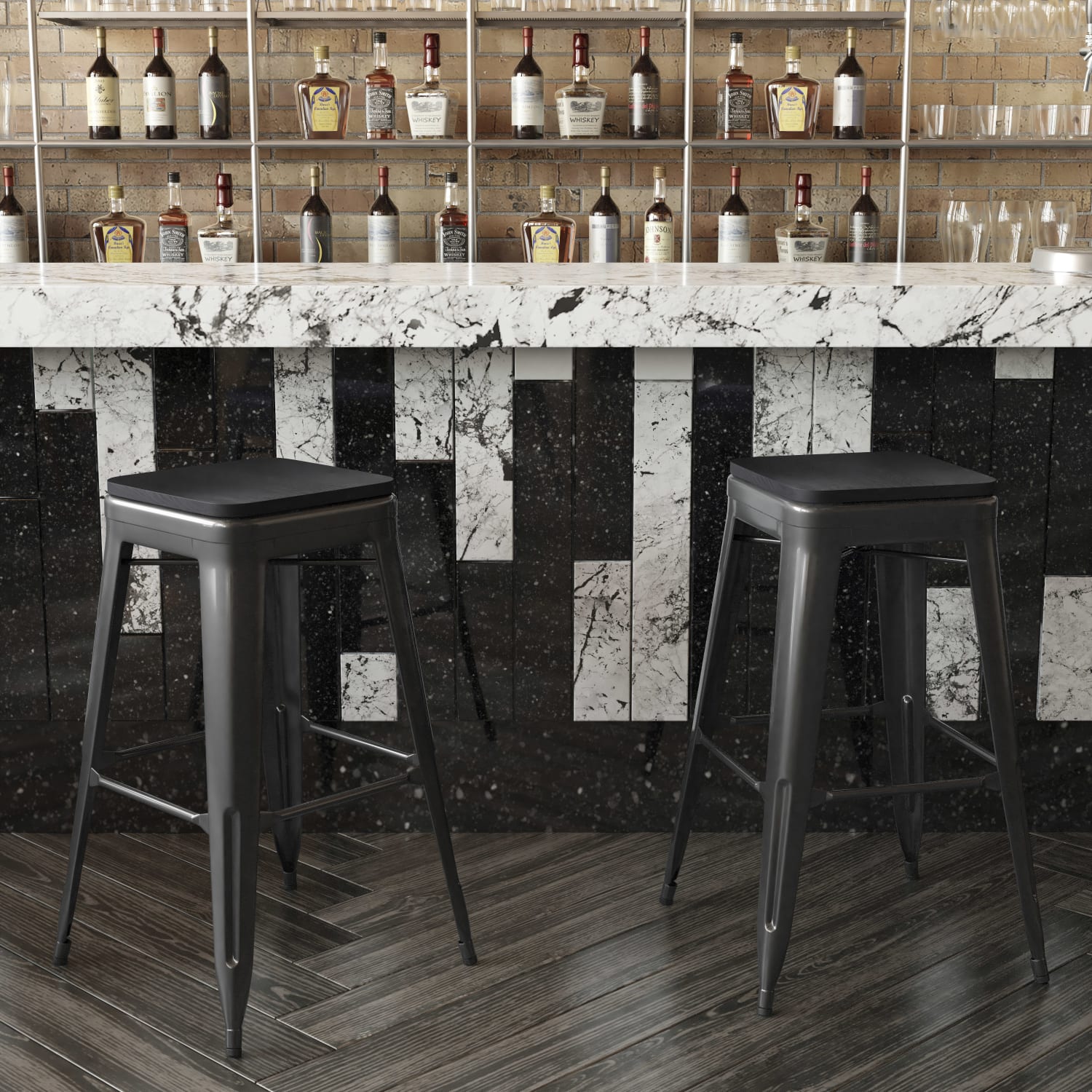 Flash Furniture Cierra Set of 4 Commercial Grade 30in High Backless Metal Indoor Bar Height Stools with All-Weather Poly Resin Seats, Black Resin Wood Seat/Black Frame - Image 5