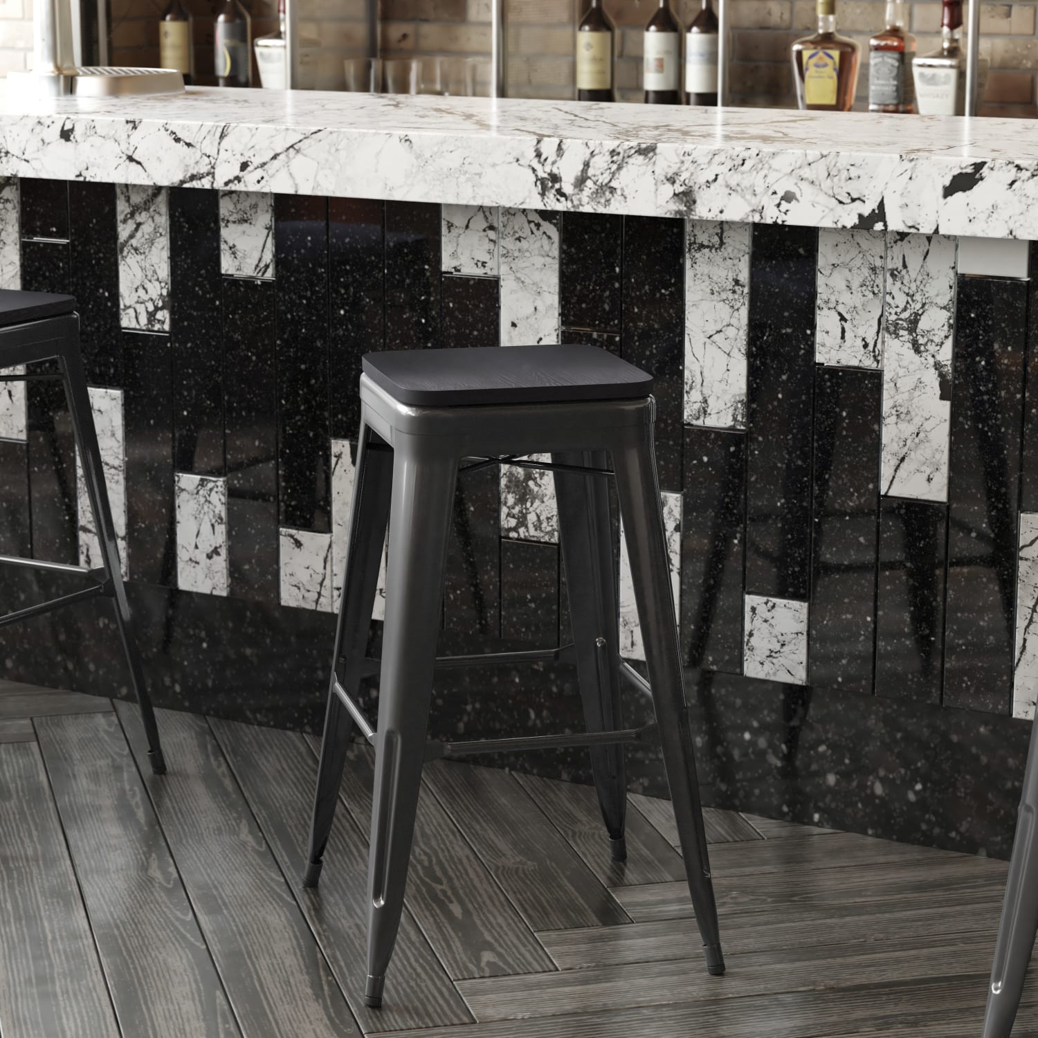 Flash Furniture Cierra Set of 4 Commercial Grade 30in High Backless Metal Indoor Bar Height Stools with All-Weather Poly Resin Seats, Black Resin Wood Seat/Black Frame - Image 6