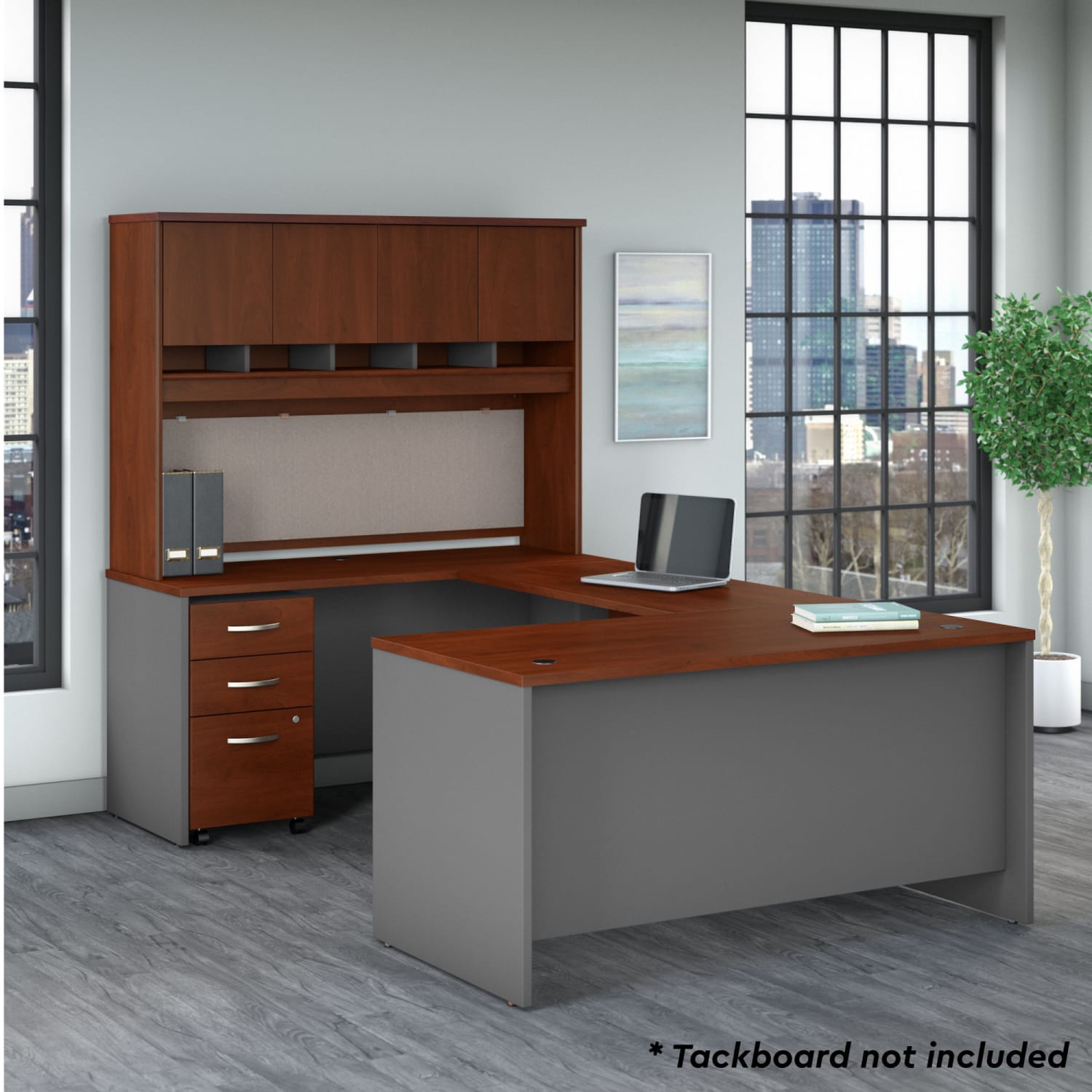 Bush Business Furniture 60inW U-Shaped Corner Desk With Hutch And Mobile File Cabinet, Hansen Cherry/Graphite Gray, Standard Delivery - Image 4