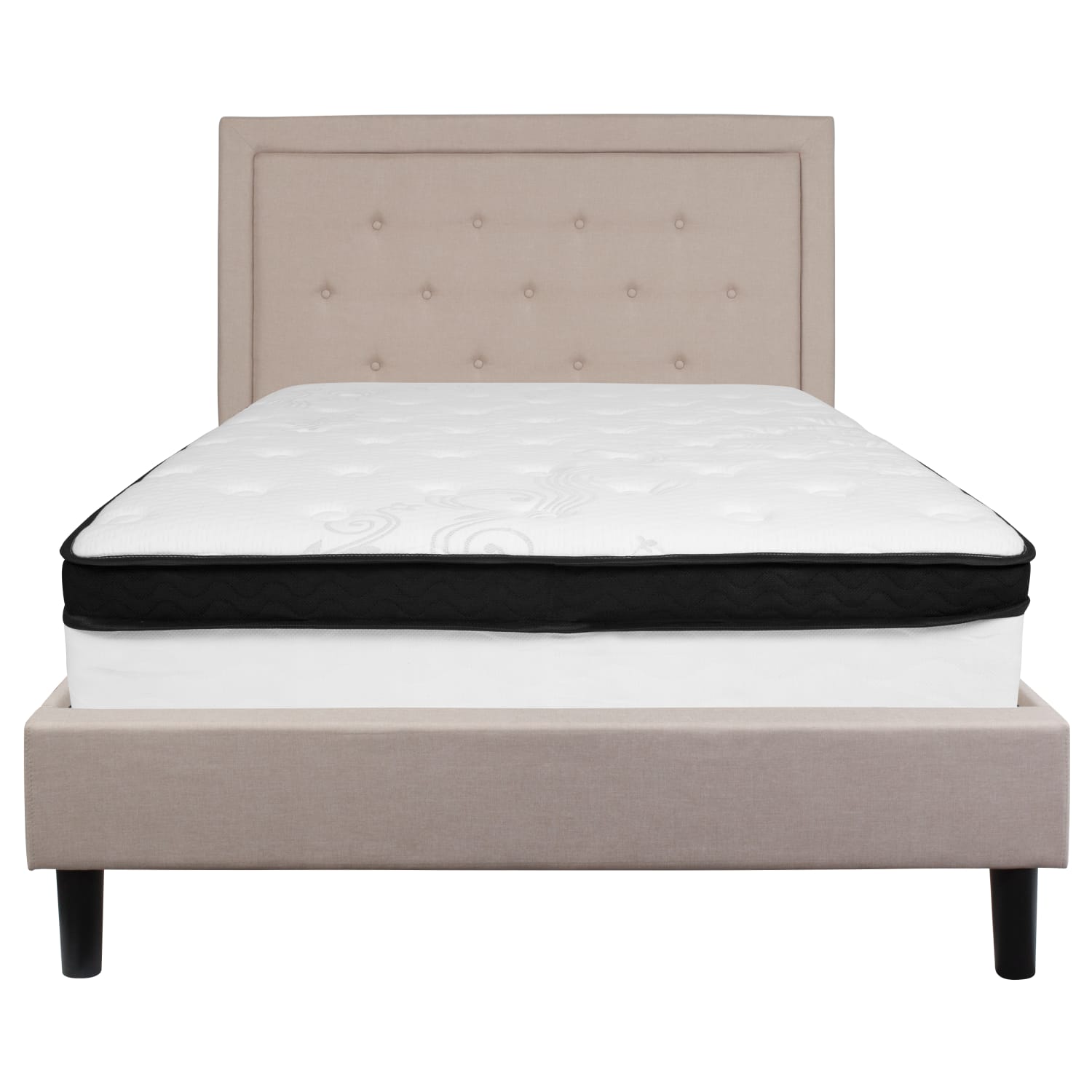 Flash Furniture Roxbury Panel Tufted Upholstered Platform Bed and Memory Foam Pocket Spring Mattress, Full, 50-3/4inH x 59inW x 81inL, Beige - Image 6