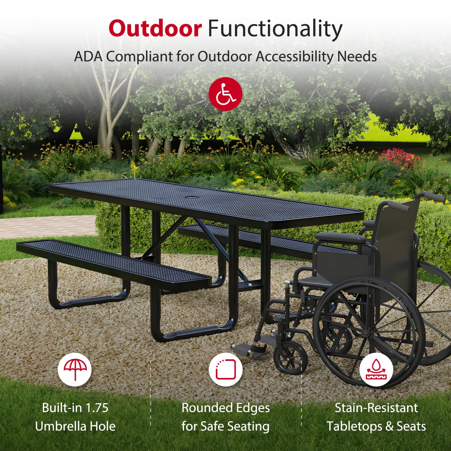 Leisure Craft Rectangle ADA Outdoor Picnic Table, 29-11/16inH x 96inW x 62inD, Black - Image 4