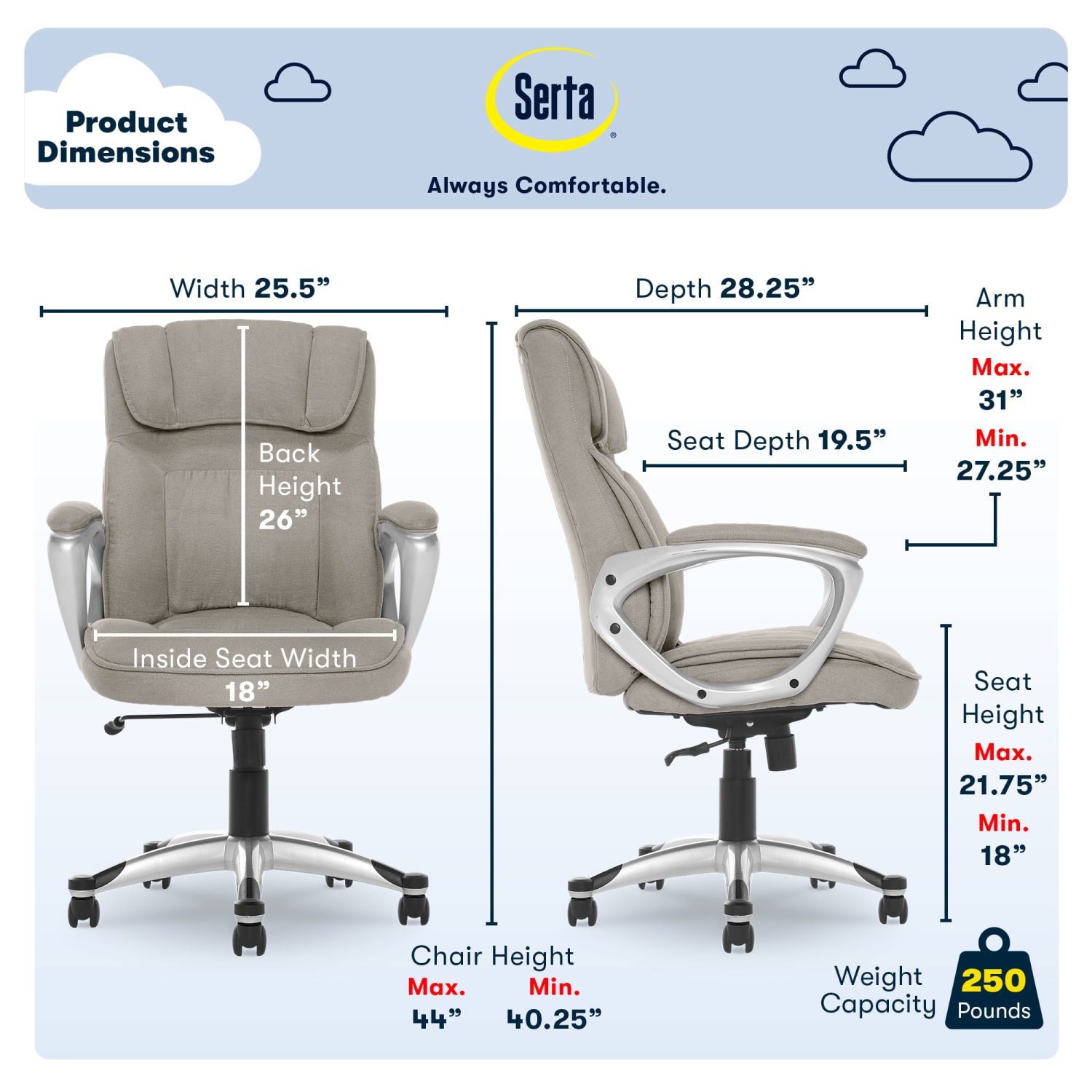 Serta Hannah Ergonomic Fabric Mid-Back Office Chair, Glacial Gray/Silver - Image 5