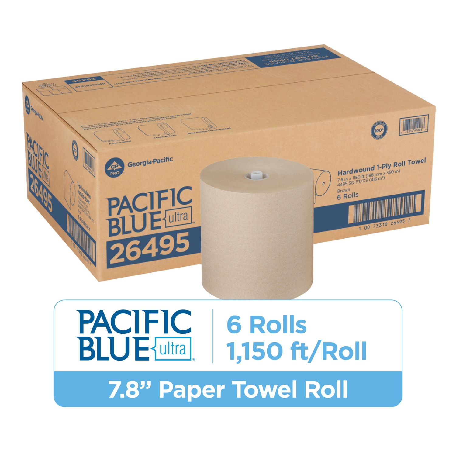 Pacific Blue Ultra Paper Towel Rolls, 1-Ply, 7.87in x 1150ft, 100% Recycled Fiber, Brown, 1150 ft Per Roll, 6 Rolls per Case - Image 3