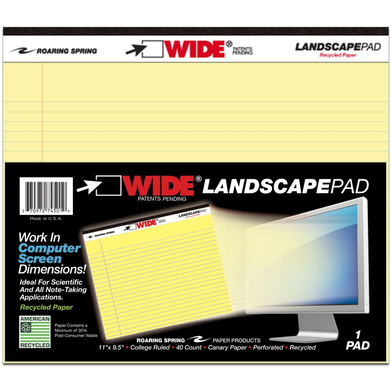 Roaring Spring Wide College Ruled Landscape Legal Pad, 11in x 9.5in 40 Sheets, Canary - 40 Sheets - 80 Pages - Printed - Stapled/Tapebound - Both Side Ruling Surface Red Margin - 20 lb Basis Weight - Image 3