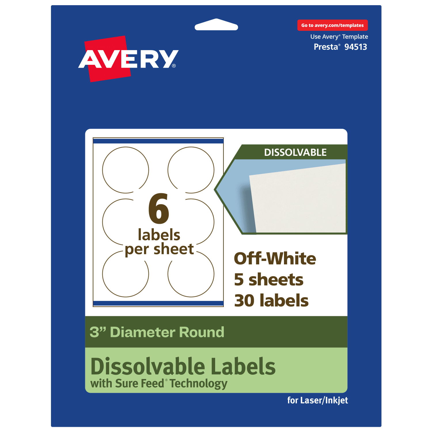 Avery Print-to-the-Edge Dissolvable Labels With Sure Feed Technology, 94513-DWMP5, Round, 3in, Matte Off-White, Pack Of 30