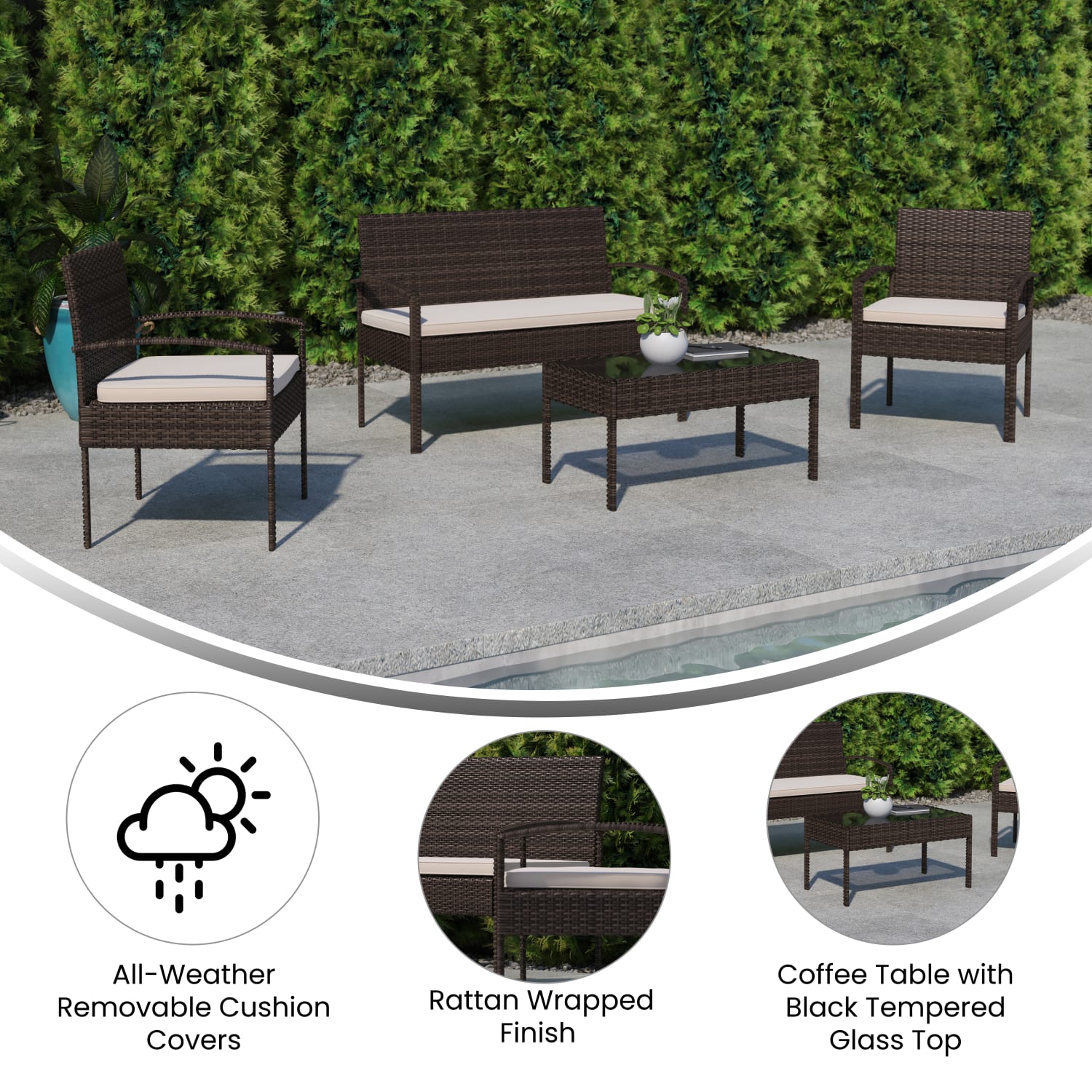Flash Furniture Aransas Series Steel 4-Piece Patio Set, Beige/Brown - Image 5