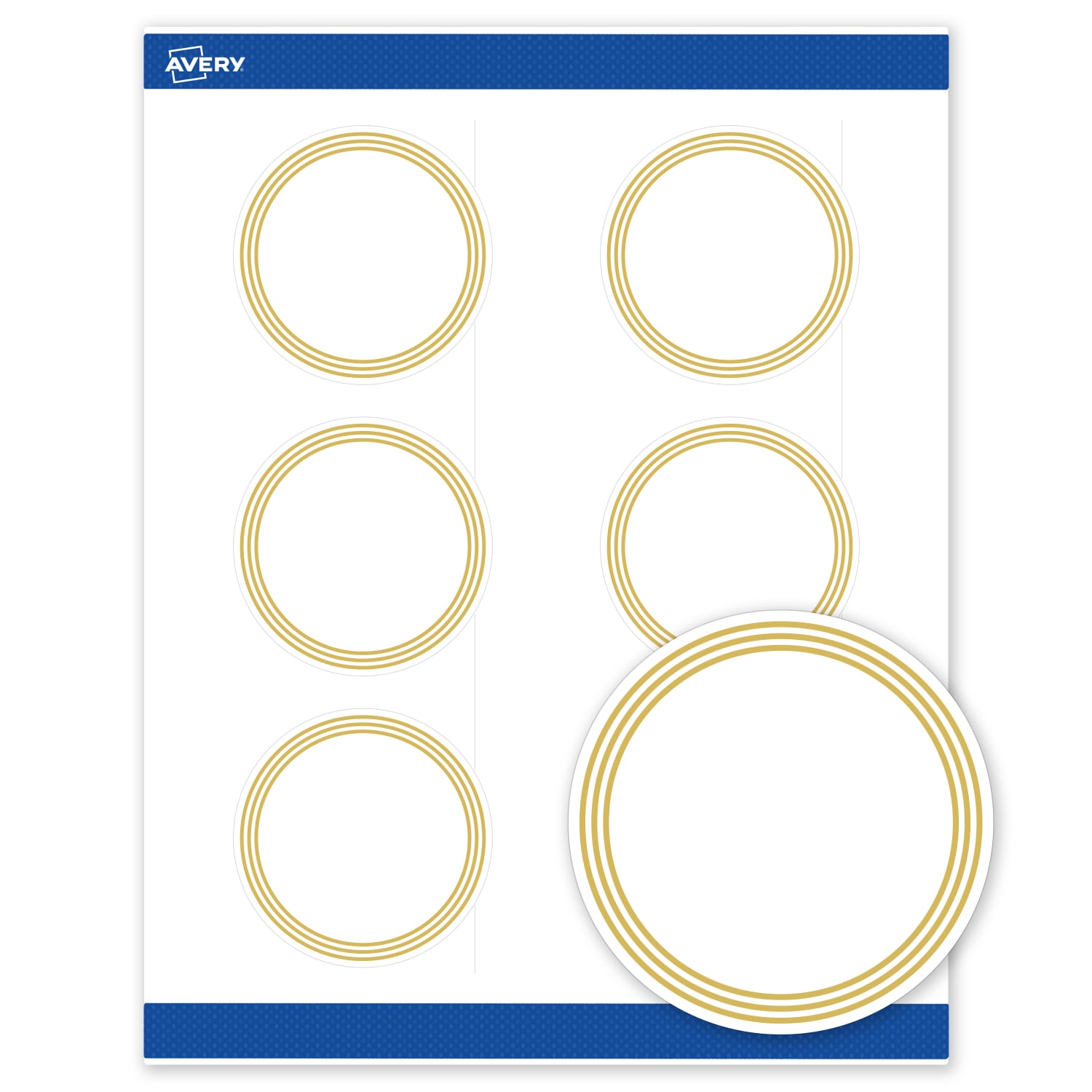 Avery Print-To-The-Edge Labels & Sure Feed, S00-DHH-PRWMP10, 3in Round, Matte White, Preprinted Multi-Lined Gold Border Design, Pack Of 60 - Image 3