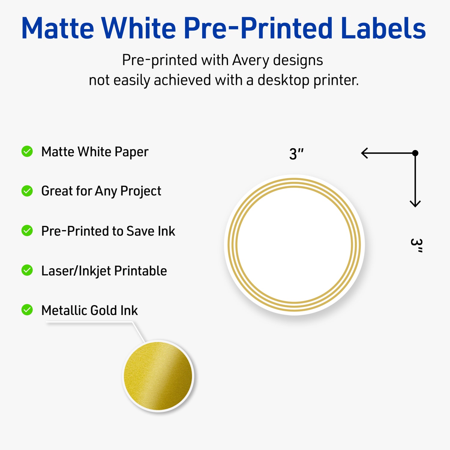 Avery Print-To-The-Edge Labels & Sure Feed, S00-DHH-PRWMP10, 3in Round, Matte White, Preprinted Multi-Lined Gold Border Design, Pack Of 60 - Image 4