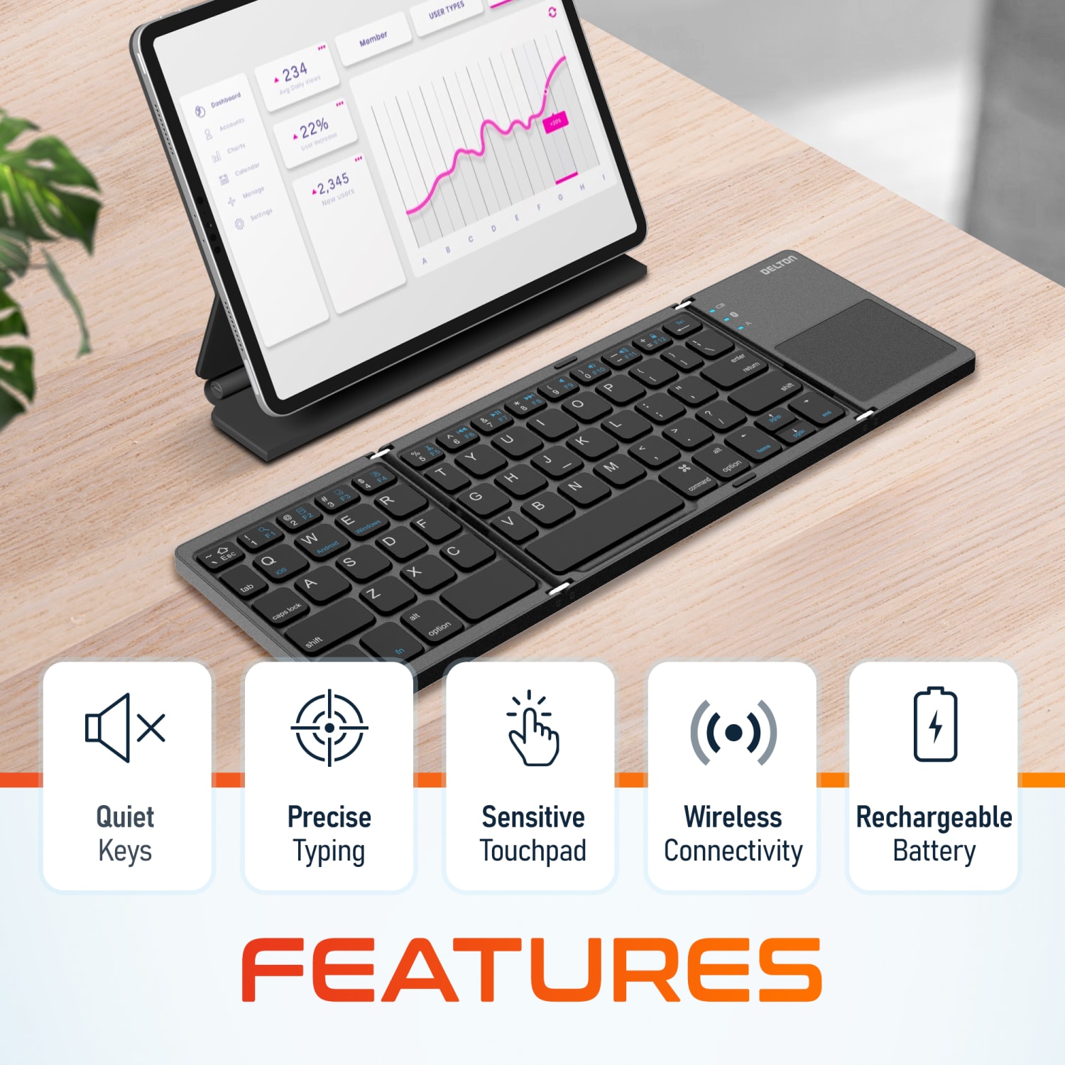 Delton F75 Small Wireless Foldable Portable Keyboard And Touchpad, Black - Image 5