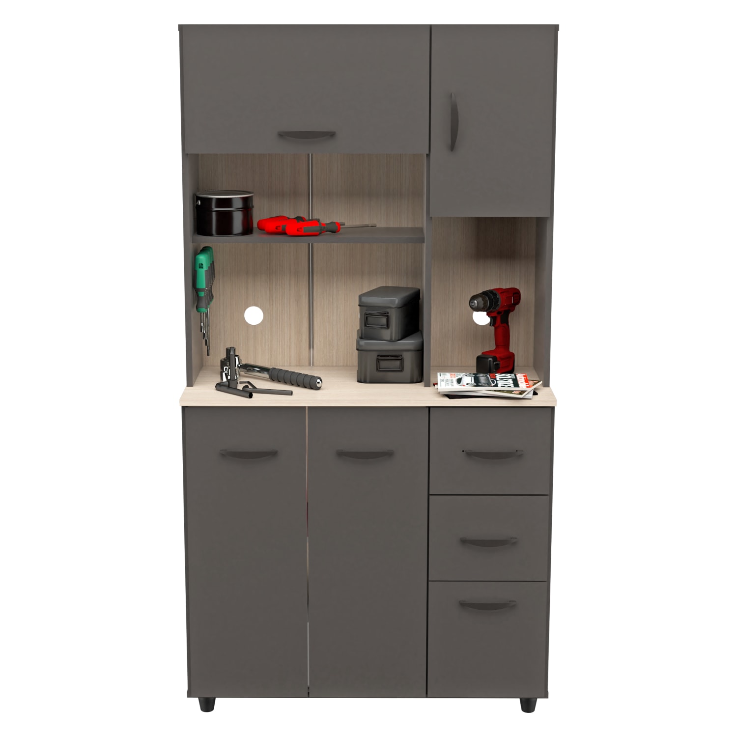 Inval Storage Cabinet With Microwave Stand, 66-1/8inH x 23-5/8inW x 15-7/16inD, Dark Gray/Maple - Image 3