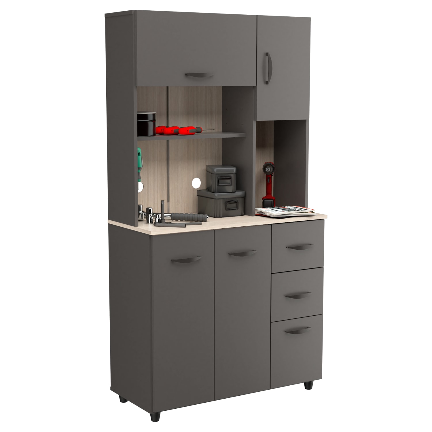 Inval Storage Cabinet With Microwave Stand, 66-1/8inH x 23-5/8inW x 15-7/16inD, Dark Gray/Maple - Image 6