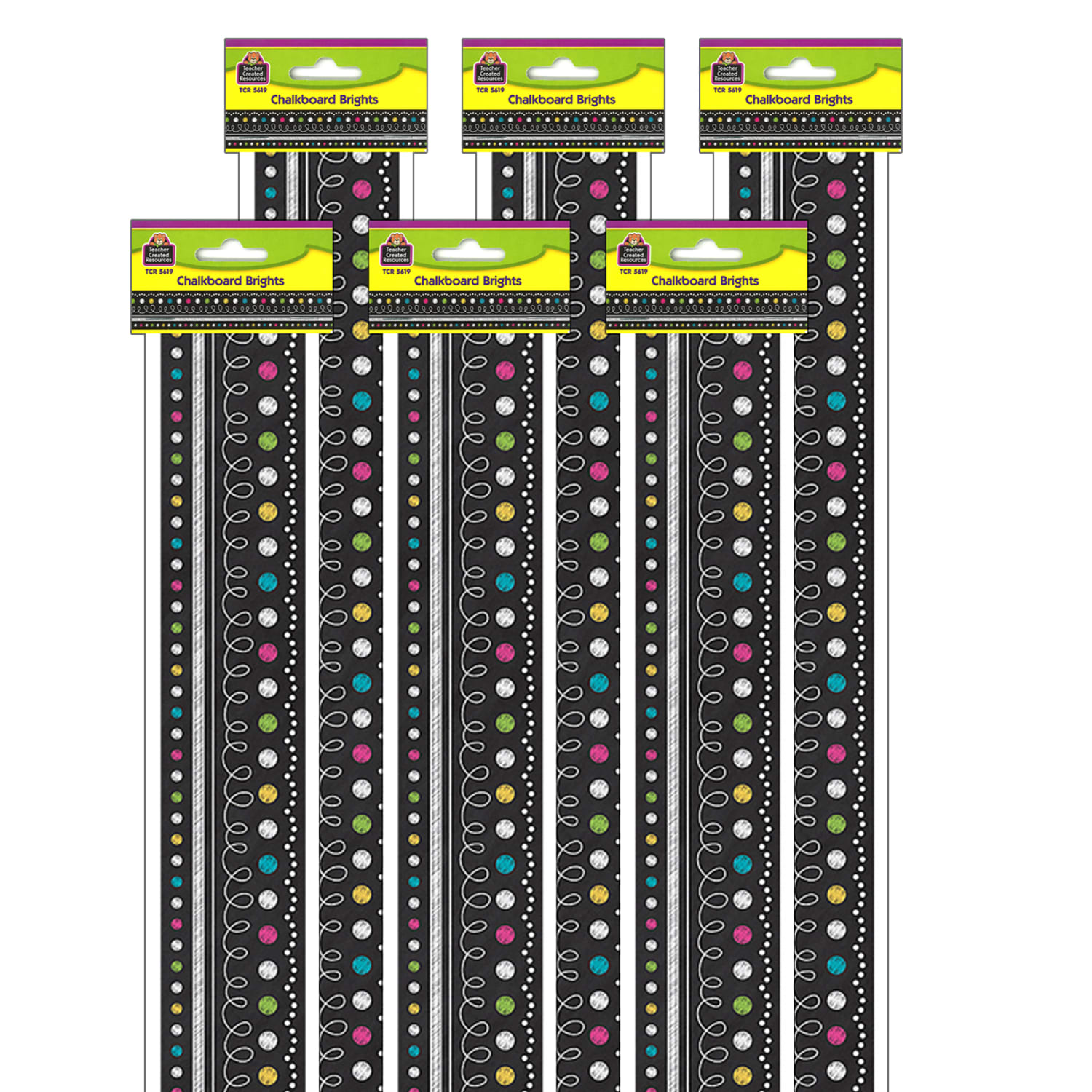 Teacher Created Resources Straight Border Trim, 3in x 35in, Chalkboard Brights, 12 Pieces Per Pack, Set Of 6 Packs