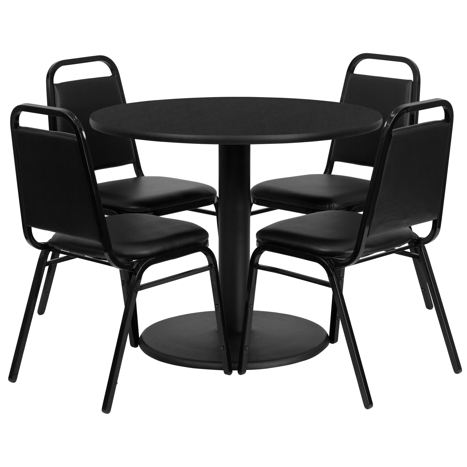 Flash Furniture Round Laminate Table Set With Round Base And 4 Trapezoidal-Back Banquet Chairs, 30inH x 36inW x 36inD, Black - Image 3