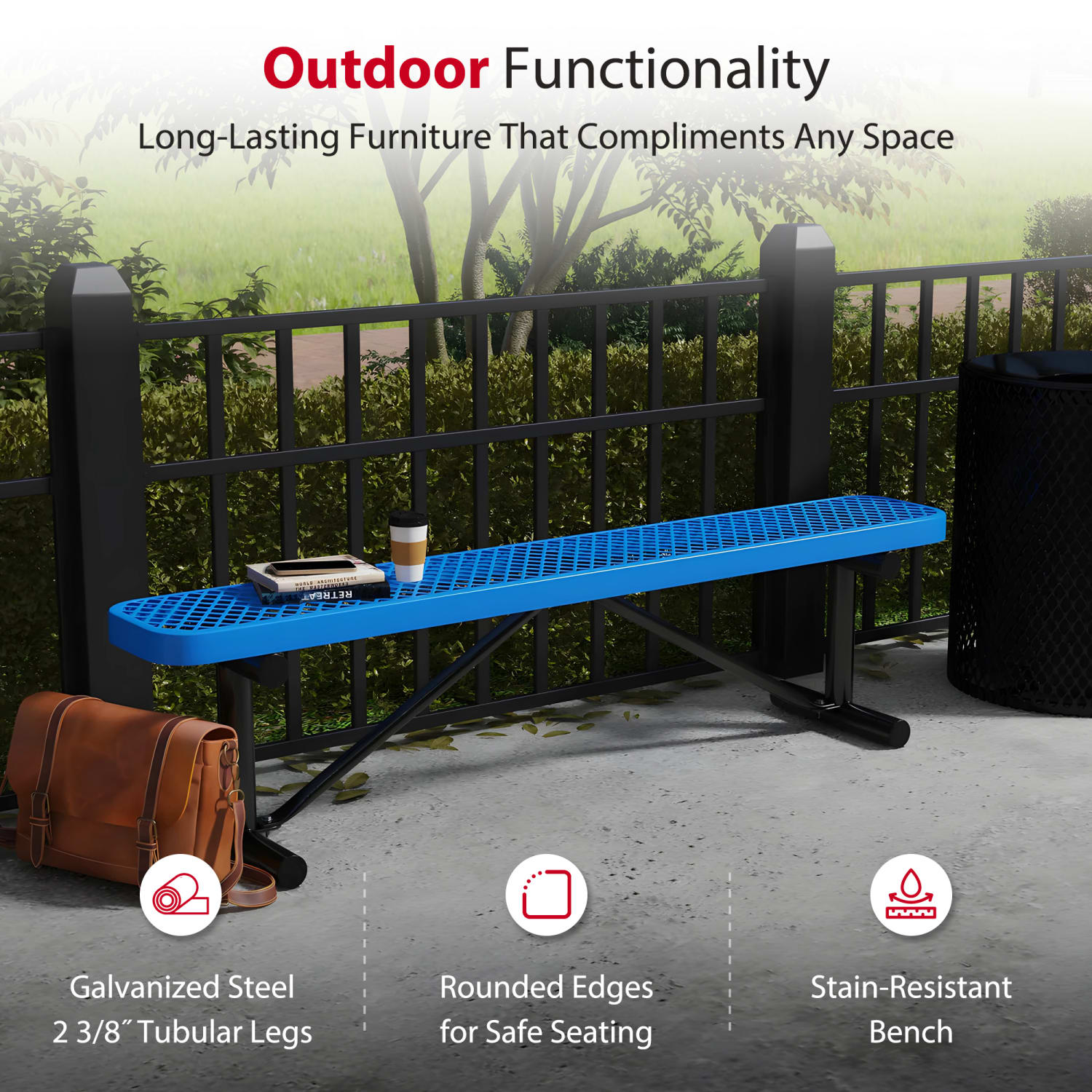 Leisure Craft Outdoor Bench, 18-3/8inH x 72inW x 15inD, Black/Blue - Image 4