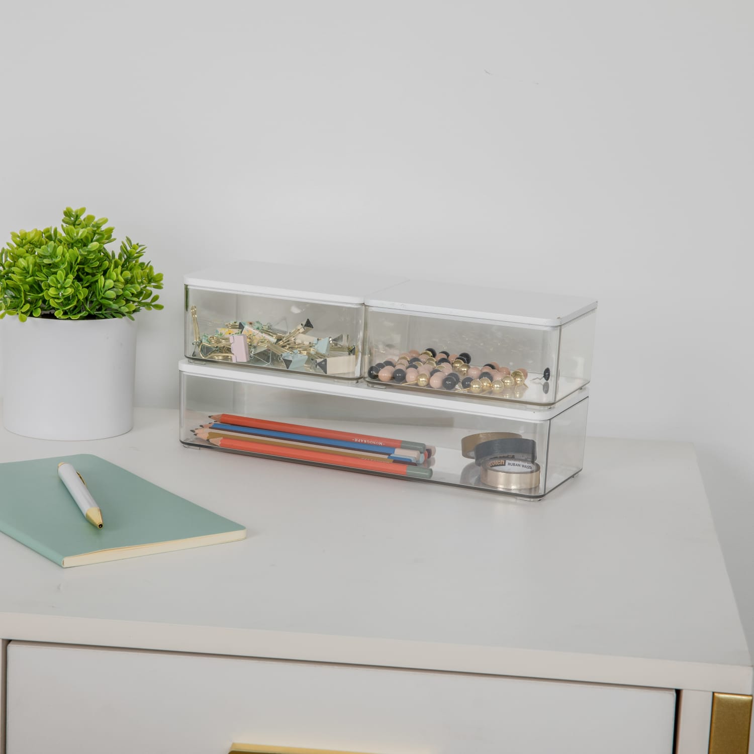 Martha Stewart Grady Stackable Plastic Storage Boxes With Lids, Clear/White, Set Of 3 Boxes - Image 6